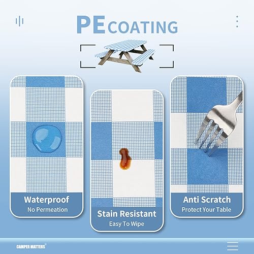 Miniatura 5 de Mantel de mesa de picnic con fundas de banco, resistente al viento, a prueba de agua y aceite, fuerte resistencia a la decoloración, para exteriores