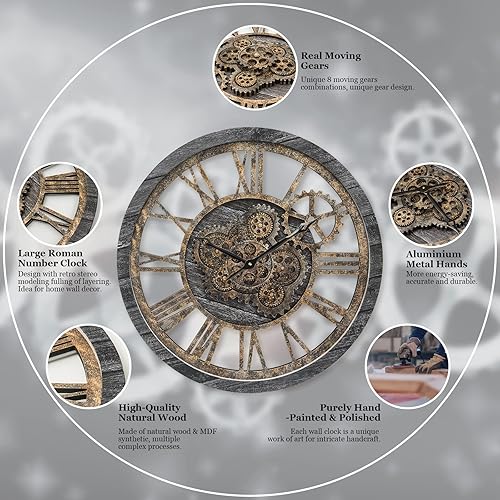 Miniatura 5 de HOIBAI Reloj de pared, relojes de pared grandes para decoración de sala de estar, 18 pulgadas, funciona con pilas, silencioso, sin tictac, moderno,