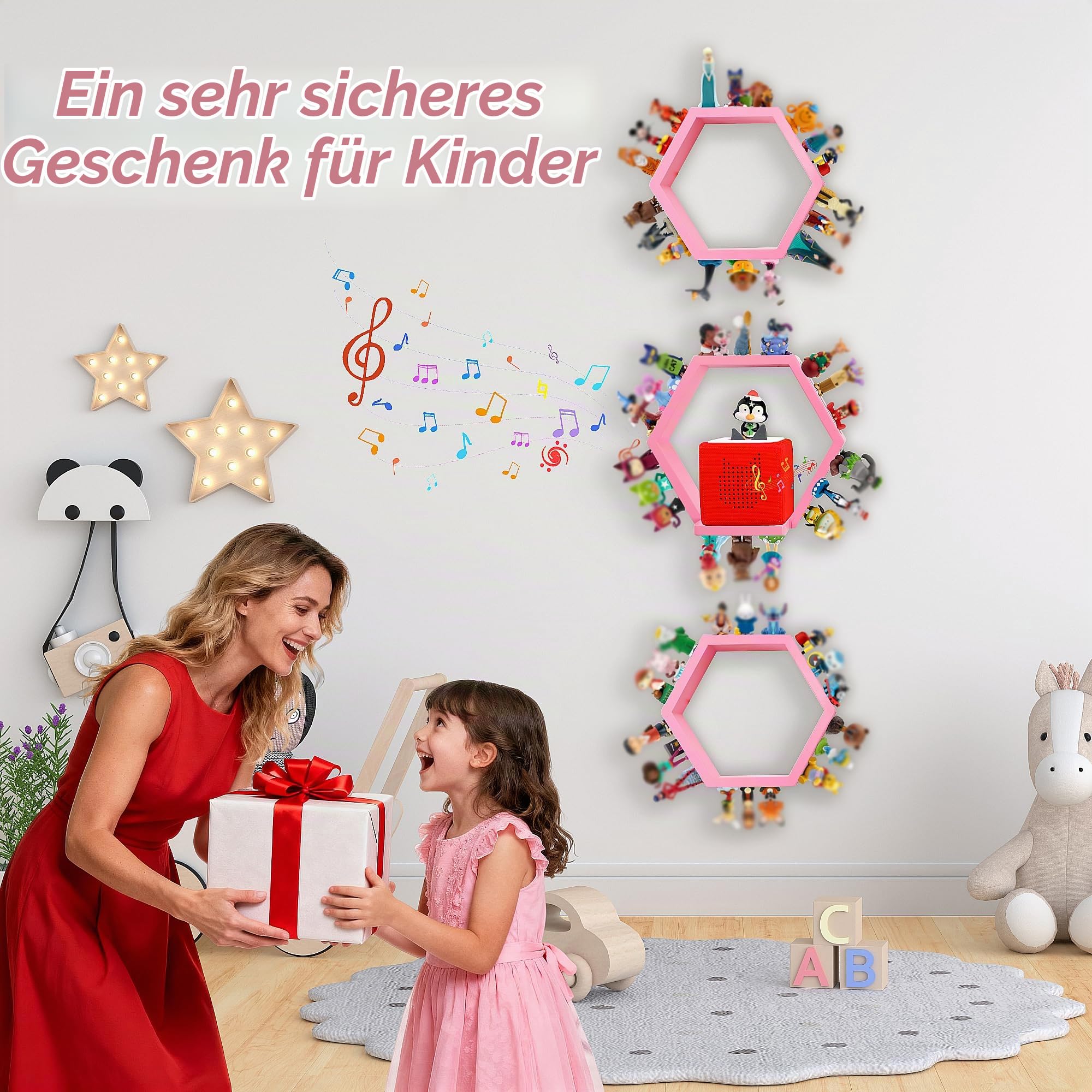 PHOENANCEE Sechseckiges Magnet Toniebox Regal, Wandregale zum Aufbewahren und Präsentieren von Figuren, Kinderregal, Kinderzimmer, Wohnzimmer(Sakura Pink)