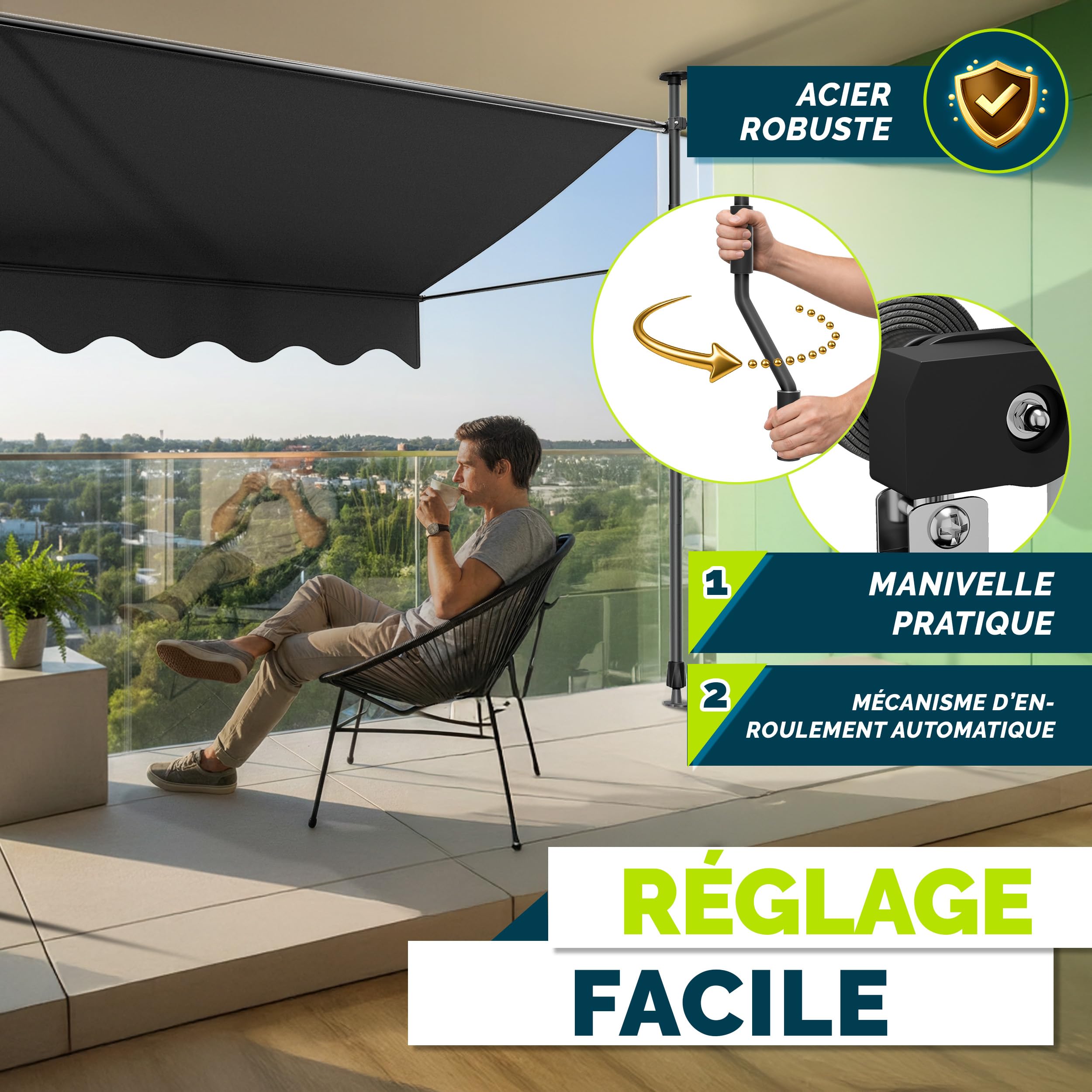 Markiza rétractable avec manivelle pour balcon terrasse sans percement auvent télescopique Anthracite 150cm