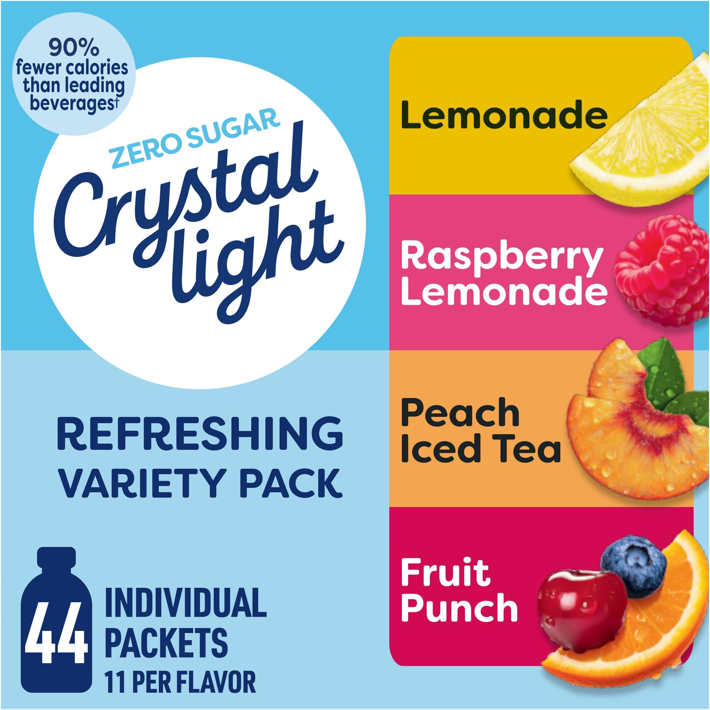 Crystal Light Refreshing Drink Mix Variety Pack, 44 Packets, for Convenient Hydration, Lemonade, Raspberry Lemonade, Peach Iced Tea, Fruit Punch, Natural and Artificial Flavor, Zero Sugar, 4.18 oz