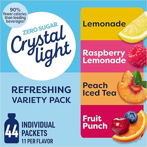 Crystal Light Refreshing Drink Mix Variety Pack, 44 Packets, for Convenient Hydration, Lemonade, Raspberry Lemonade, Peach Iced Tea, Fruit Punch, Natural and Artificial Flavor, Zero Sugar, 4.18 oz