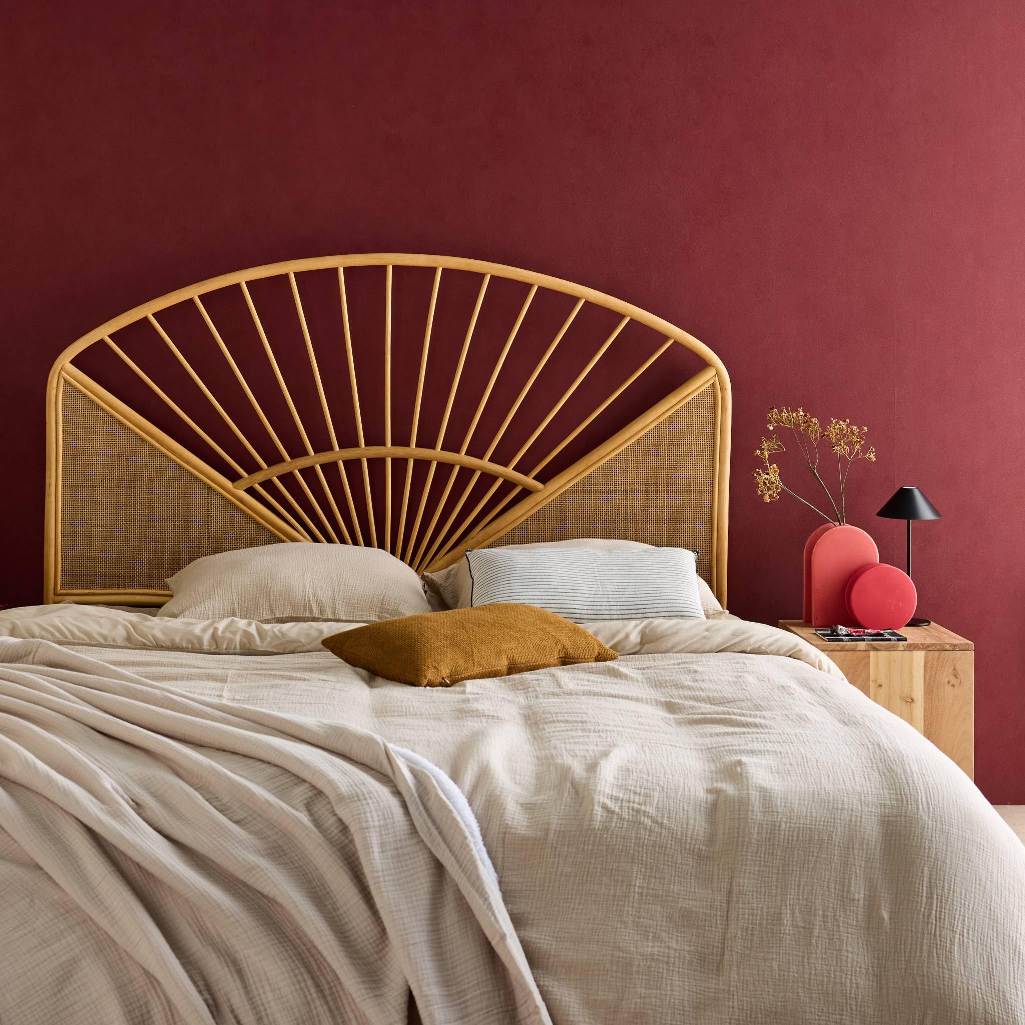 sweeek - Kopfteil aus natürlichem Rattan und Rohrgeflecht, helles Holz - Tomia