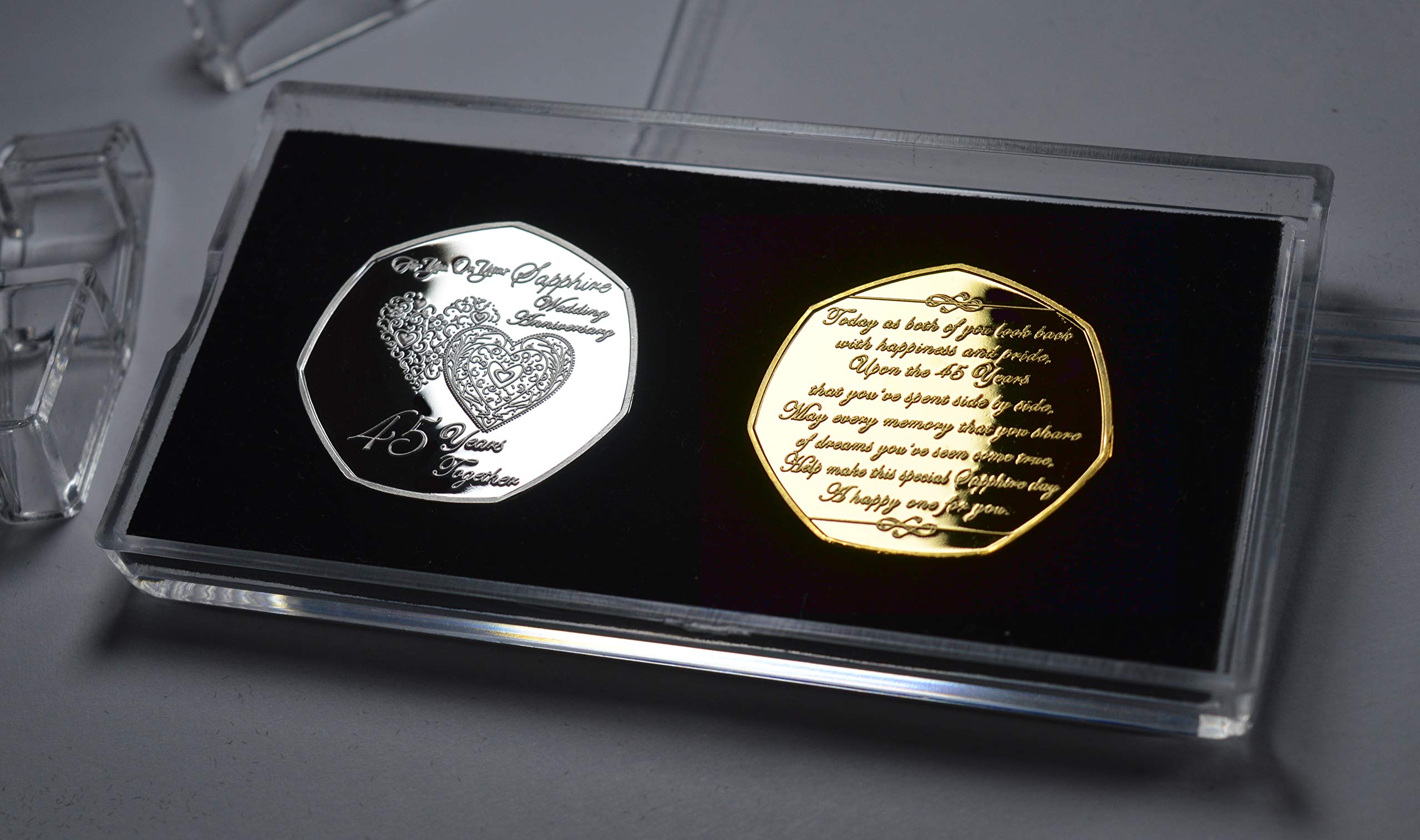 The Commemorative Coin Company Silver/Gold Pair Of 45Th Sapphire Wedding Anniversary & 24Ct Commemoratives In Display/Presentation Stand. Gift/Present 45 Years Together