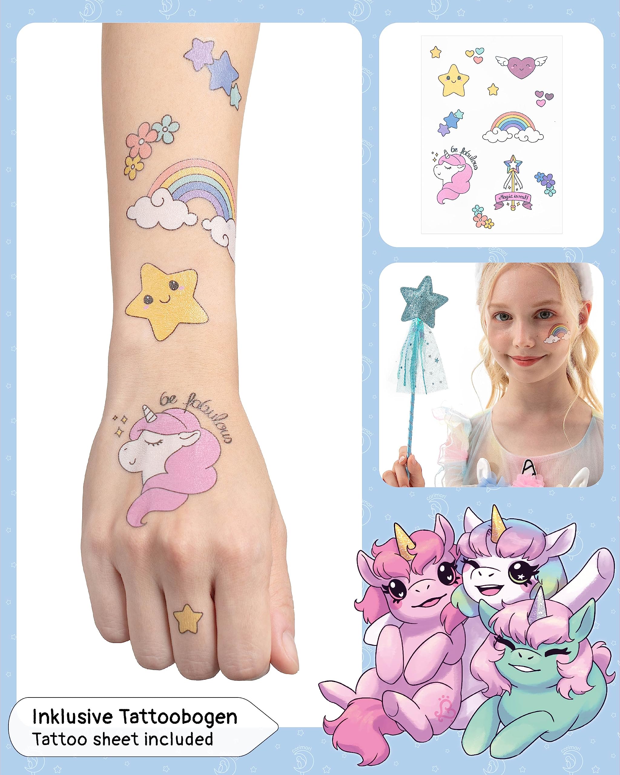 corimori Bequemes Einhorn Kleid für Mädchen mit Flügeln, Haarreif, Glitzer Zauberstab und Tattoos | Einhorn Kostüm Kinder