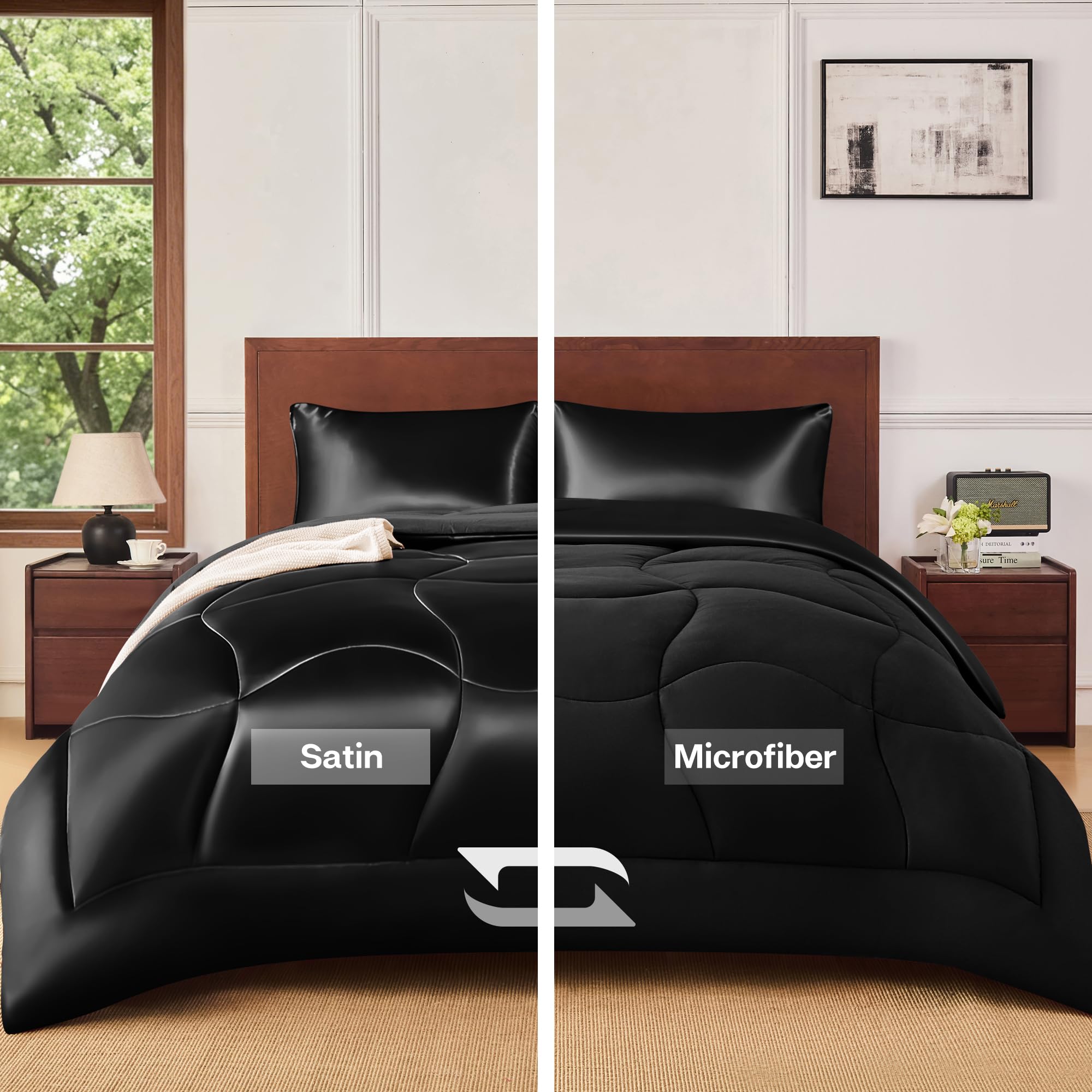 MR&HM Queen Comforter Set Black, Reversible Satin