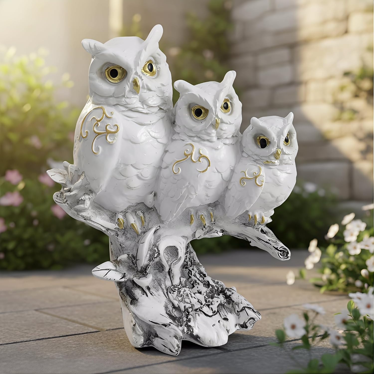 Resin Owl Statue for Garden: Set of 3 Vintage Family Owls on Branch Figurine for Outdoor Patio Home Office Decor-Owl Gifts for Women and Birds Lovers (White)