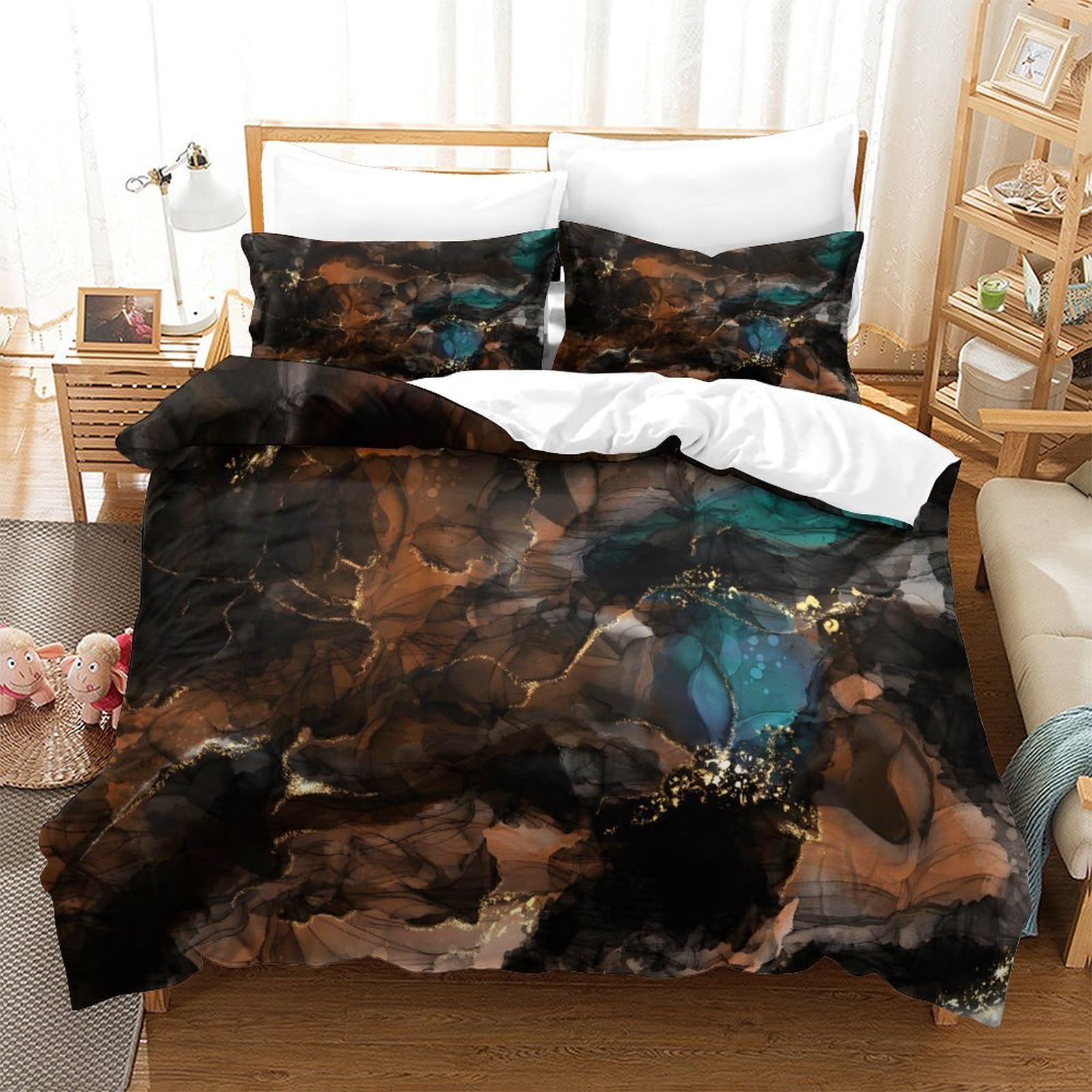 LIAOHENKAN Blue Gold Marble Texture Bedding Set Full Size Comforter Set 3Pcs for Teens Adults Breathable Quilt Set with Zipper Closure Ultra Soft Duvet Cover Set 3D Quilt Set Super King（260x220cm）