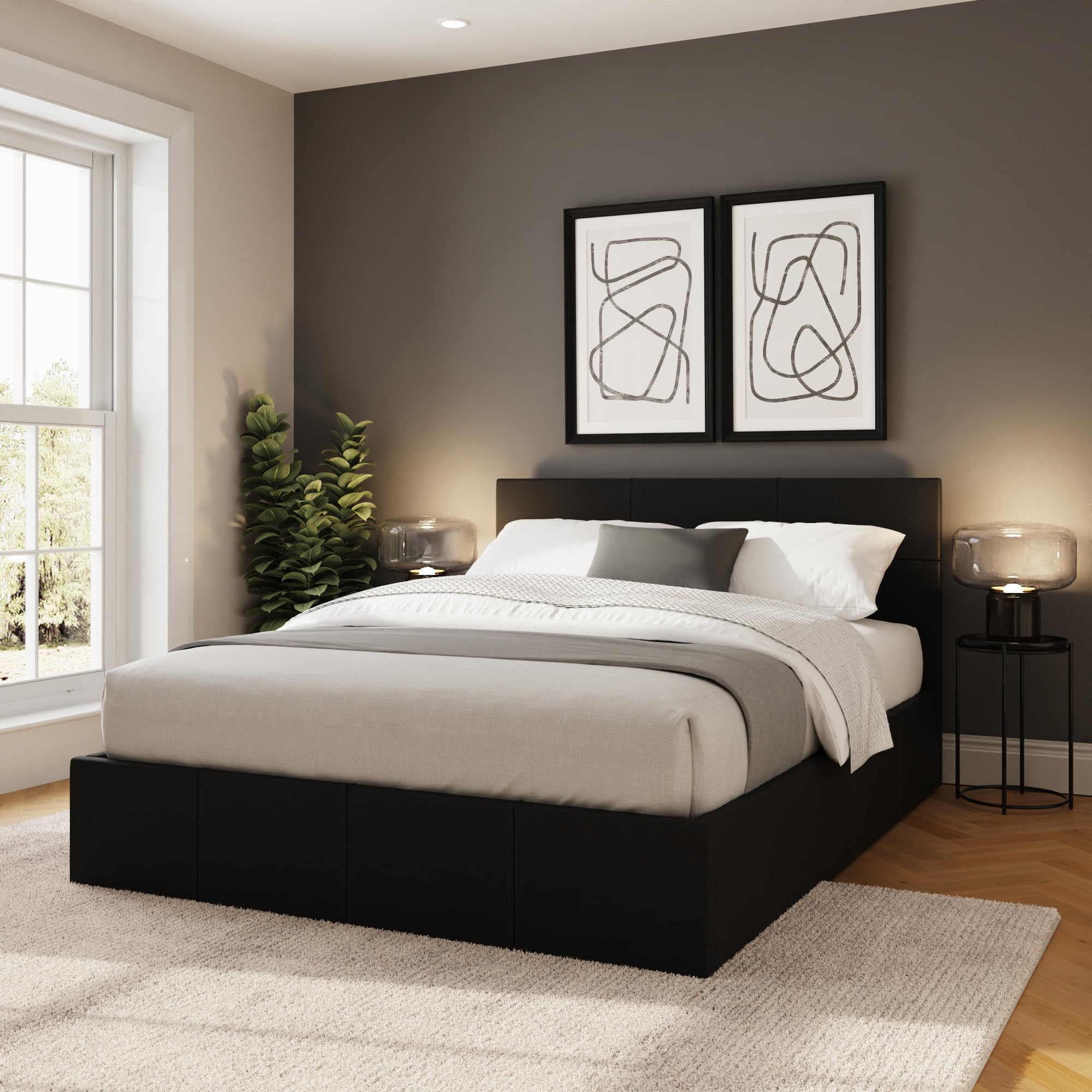 GFW Small Double Ottoman Bed Frame, Black Faux Leather Upholstered Bed with Side Lift Storage, Stitched Headboard and Gas Lift Ottoman Base, 4ft Bedroom Furniture โ image 1