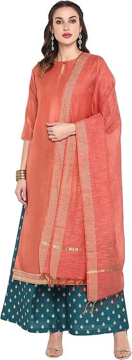 Janasya Indian Women&#39;s Pink Poly Silk Kurta With Palazzo And Dupatta