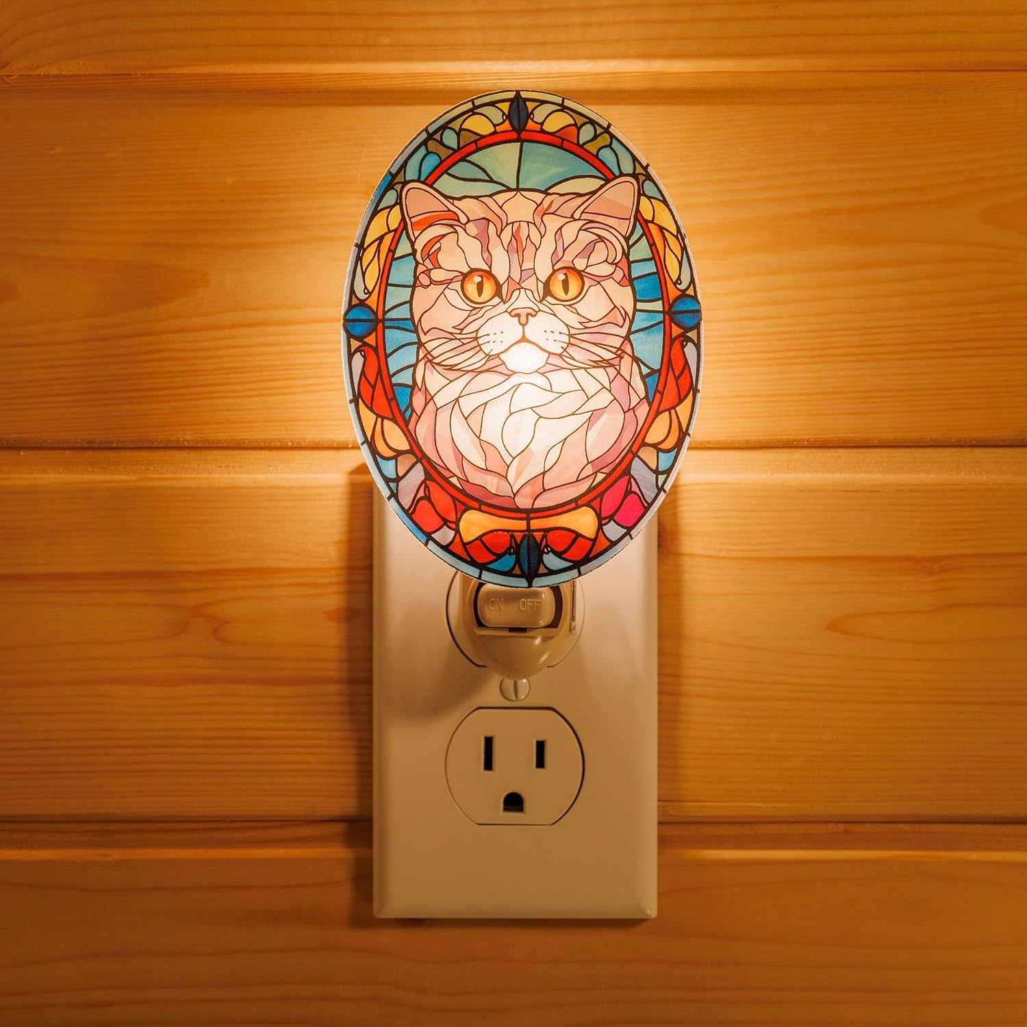 Persian Cat Stained Glass Styled Cat Night Light, Real Glass Plug-in Night Light with Vertical Outlet and On/Off Switch for Bedroom, Bathroom, Hallway, Home Decor
