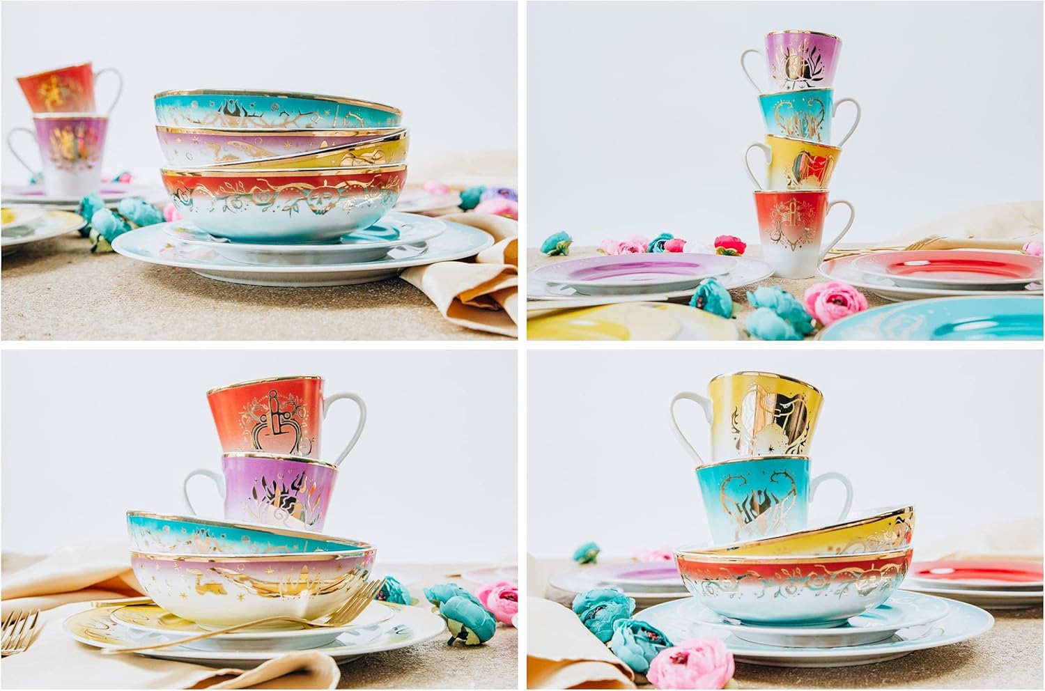 Disney Villains 16-Piece Ceramic Dinnerware Set, Maleficent, Evil Queen, Jafar, Ursula, Multicolor