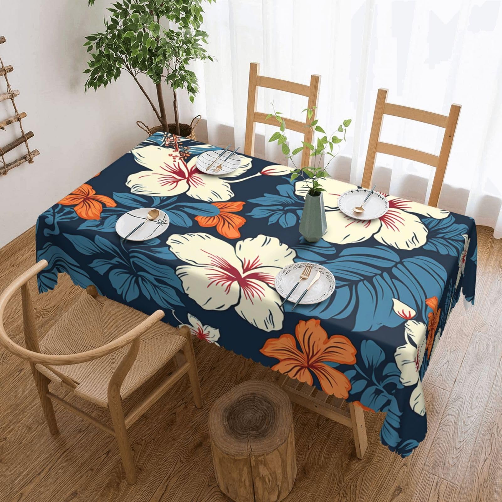 Fodpand Black Hawaii Flower Tablecloths For Rectangle Tables 72 X 54 Inches - Reusable And Washable Table Clothes Decorative Table Cover For Dining Tables, Buffet Parties, Wrinkle Resistant