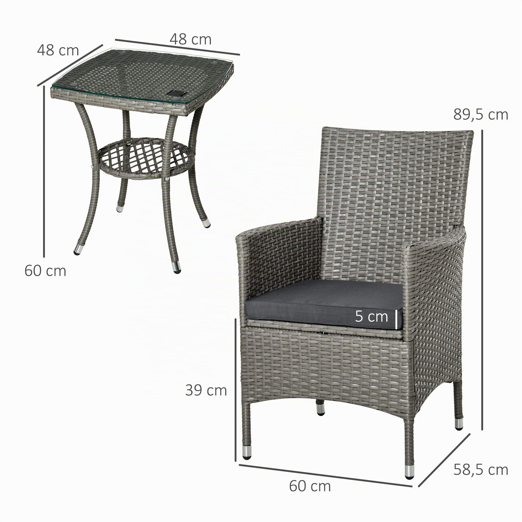 Outsunny Conjunto de Muebles para Jardín Juegos de Muebles de Ratán Incluye 1 Mesa y 2 Sillones con Cojines Estructura de Metal para Terraza Patio Gris