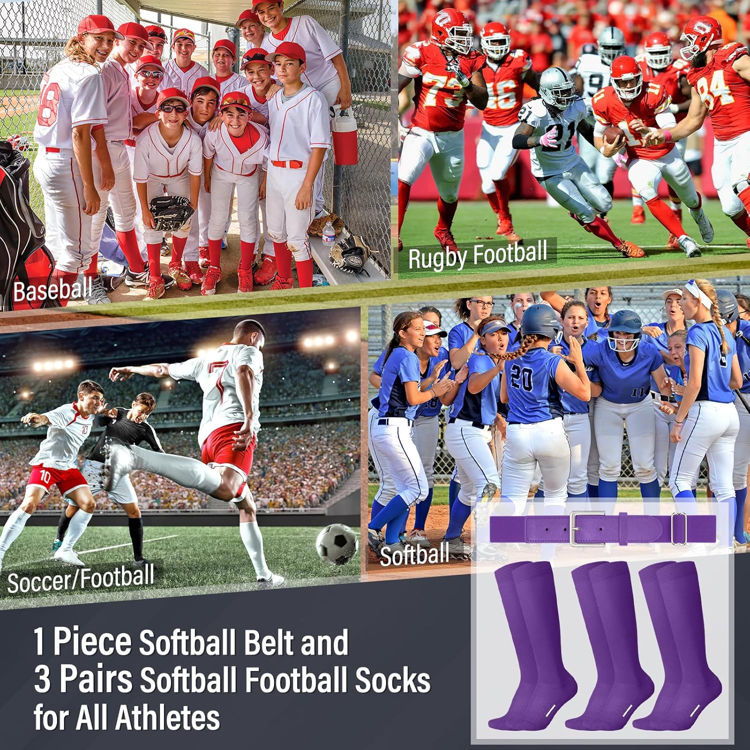 JASGOOD Baseball Socks and Belt Combo Set 3 for Youth Adult Softball Socks and Belt Football Socks for Kids Boys Girls - Image 5