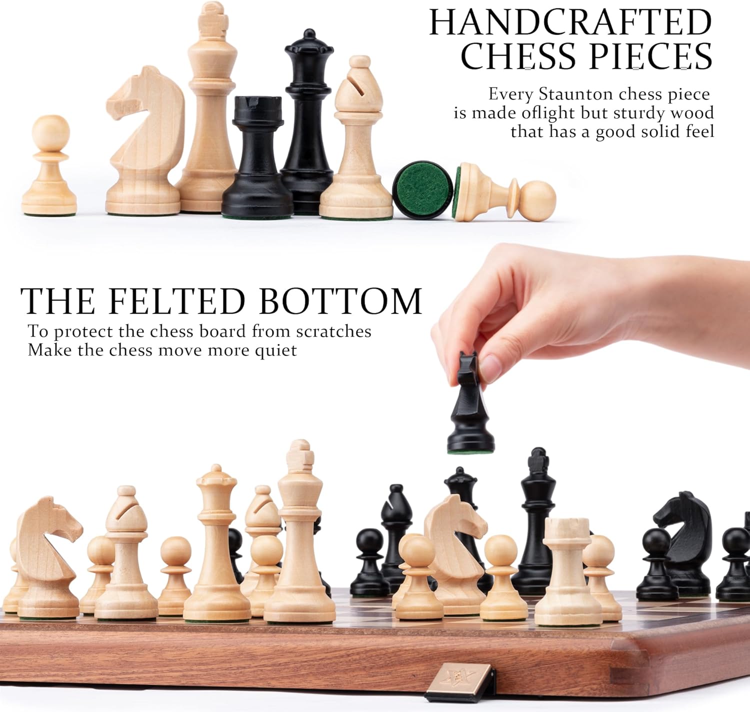 A&A Premium Folding Chess Board Game Set, 15" Wooden Chess Board & 3" King Height Staunton Chess Pieces with 2 Extra Queens, Portable Travel Chess Set (Natural Mahogany, 15 Inches)