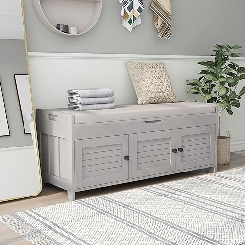 Miniatura 3 de SOFTSEA Banco de almacenamiento con 3 puertas en forma de persiana, banco de entrada de madera con cojín extraíble y almacenamiento oculto, gris