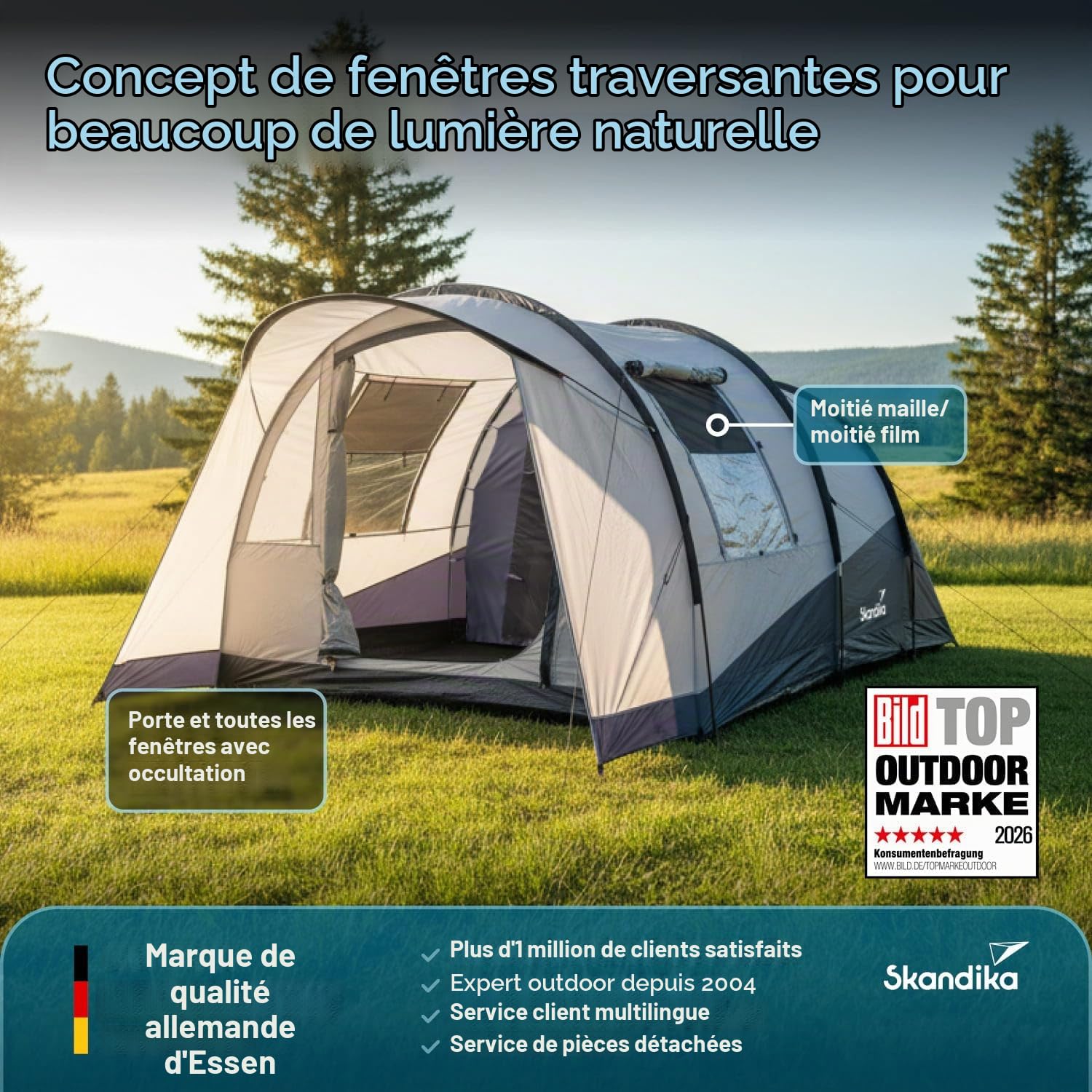 Skandika Tente Tunnel Isken 3 | Tente de Camping pour 3 Personnes, moustiquaire, Tapis de Sol Cousu, étanche, avancée | Tente de Festival, Plein air