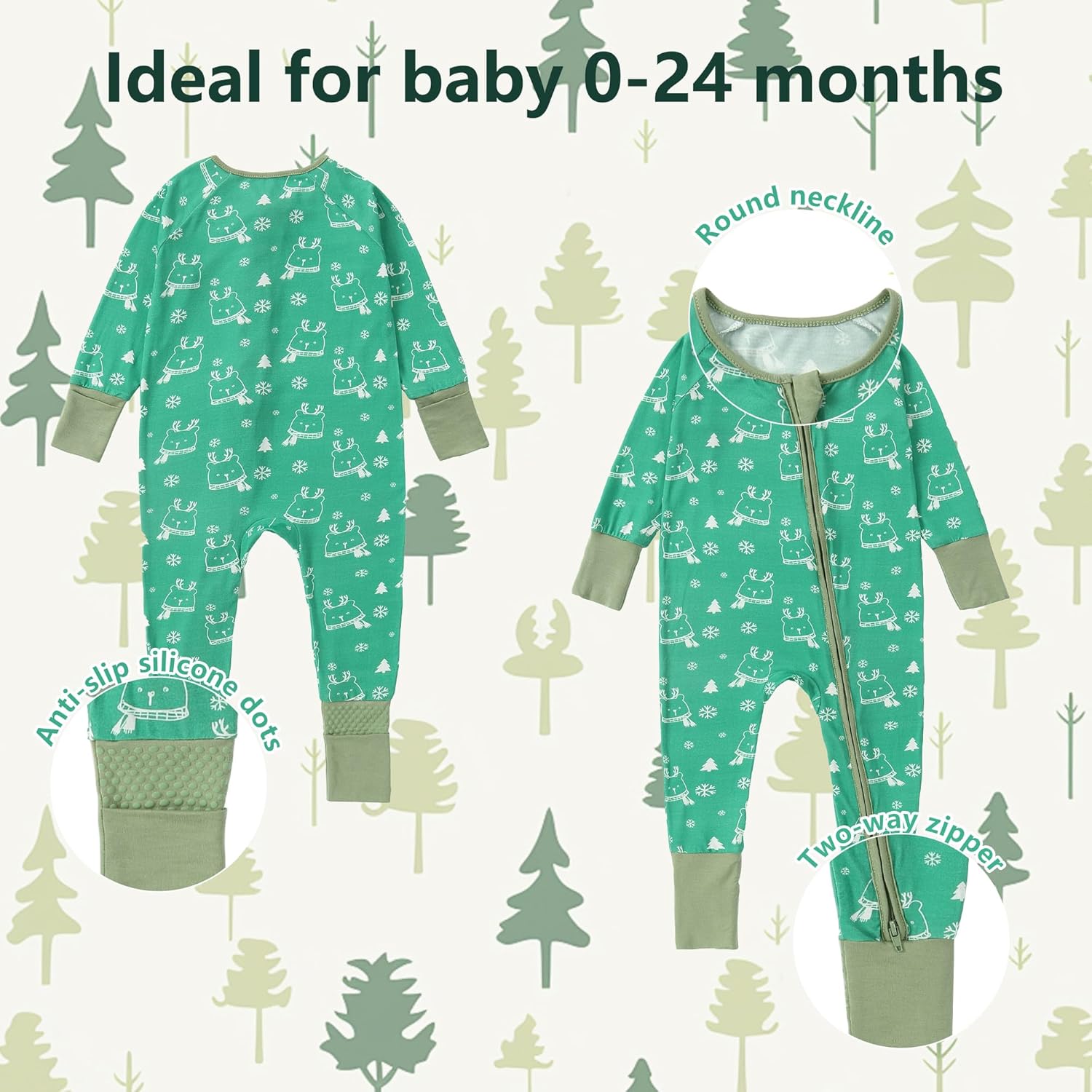 HAHASHOW Onepiece Romper 2-Pack Baby Boy Girl Newborn Zip Up Outfit Long Sleeve Rollover cuffs Christmas 0-24 Months