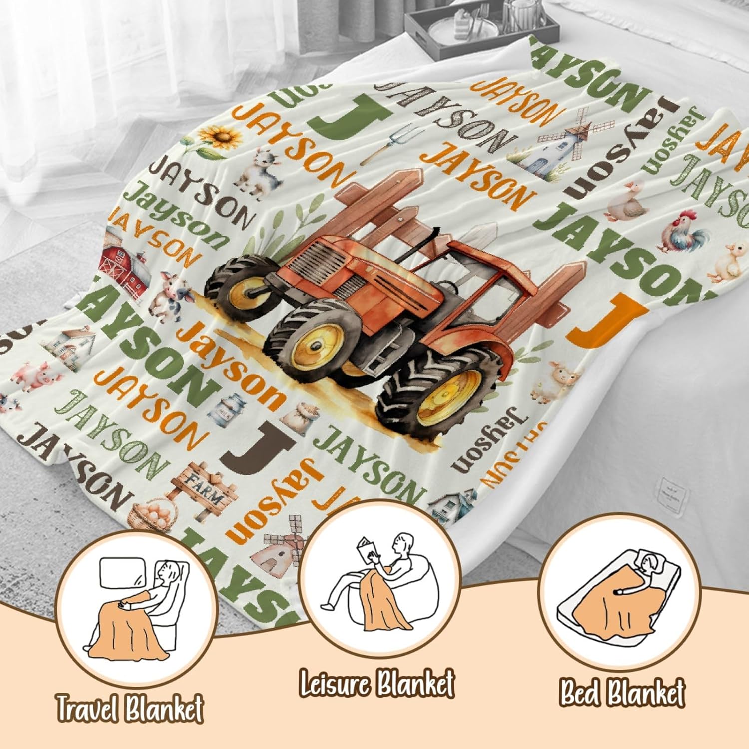 Personalized Baby Blanket for Girls Boys - Custom Tractor Truck Blanket with Name - Swaddle Blanket for Toddlers Infants Newborns Nursery Stroller Crib,50"x60"-Teens/Travel Size