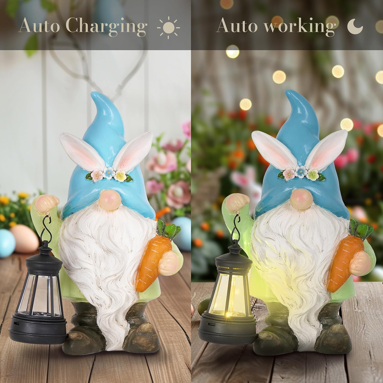 TERESA'S COLLECTIONS Easter Bunny Gnome Decorations with Solar Outdoor Light for Garden Decor, Spring Resin for Outside, Decorations for Patio Home Yard, Ideal Easter Gifts 8"