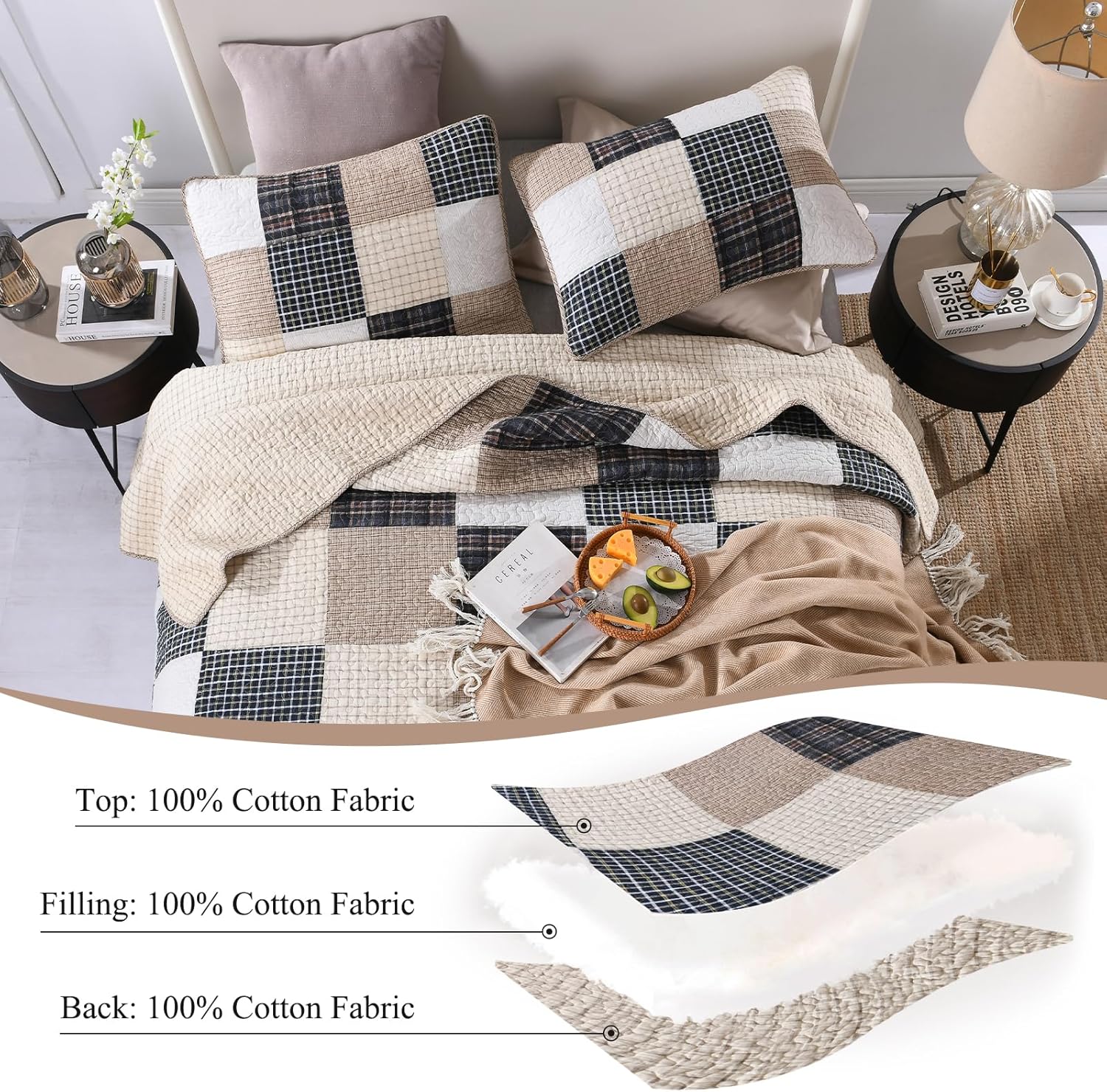 Quilts Queen Size - 100% Cotton Quilt Set with Matching Shams, Real Patchwork Plaid Reversible Quilt for Queen Bed, 3 Pieces Lightweight Coverlet Set for All Season, Brown/Beige/Charcoal