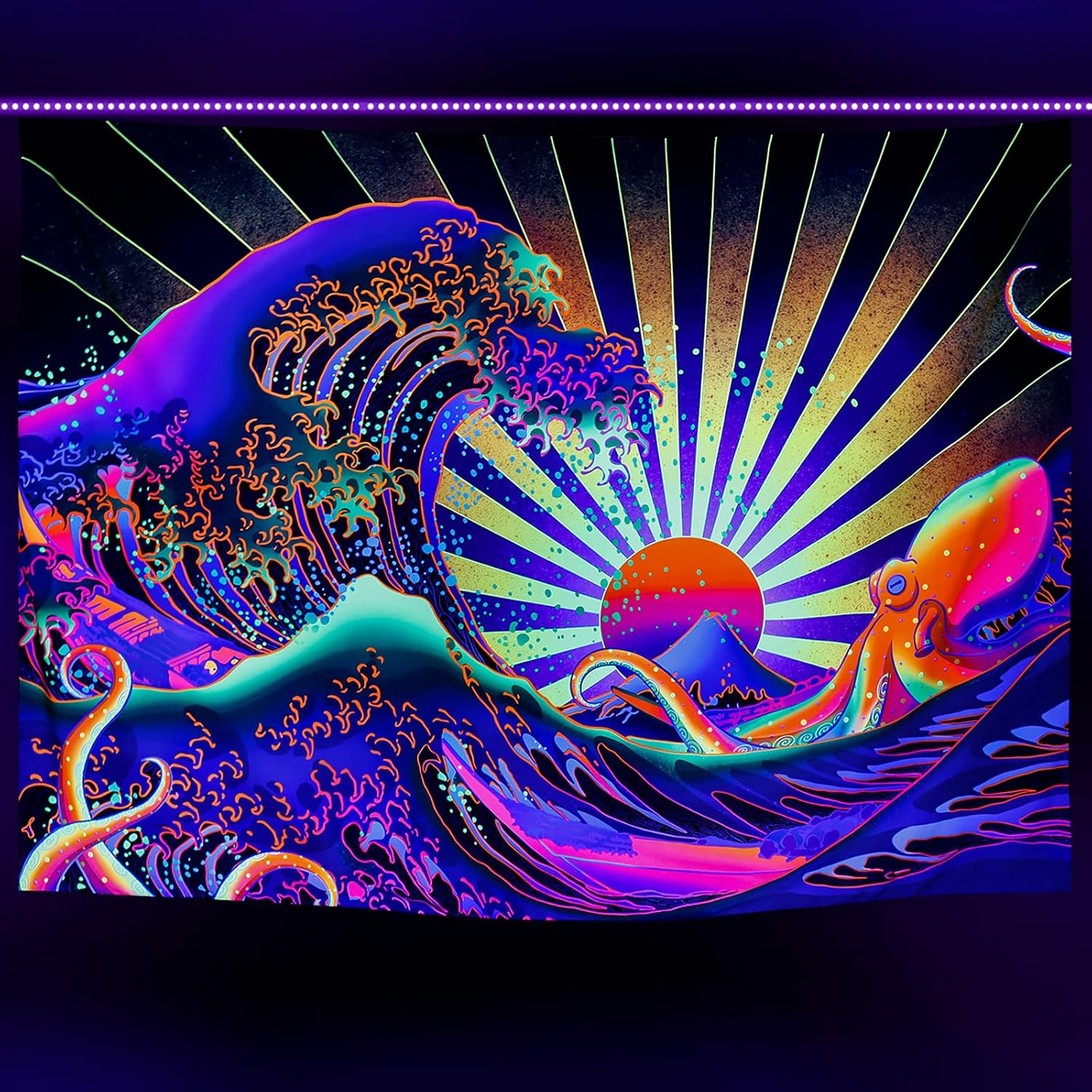 Maccyafst Blacklight Tapestry Great Wave Tapestry UV Reactive Japanese Kanagawa Sunset Tapestries Vintage Ocean Wave Octopus Wall Hanging for Bedroom Backdrop