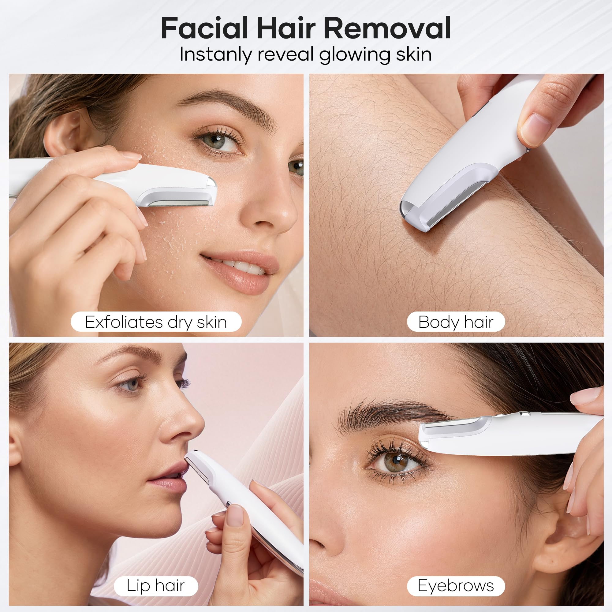 Dermaplane - Maquinilla de afeitar para mujer, depiladora eléctrica 2 en 1, depiladora de pelo facial de melocotón con 6 cuchillas de repuesto y punta de masaje