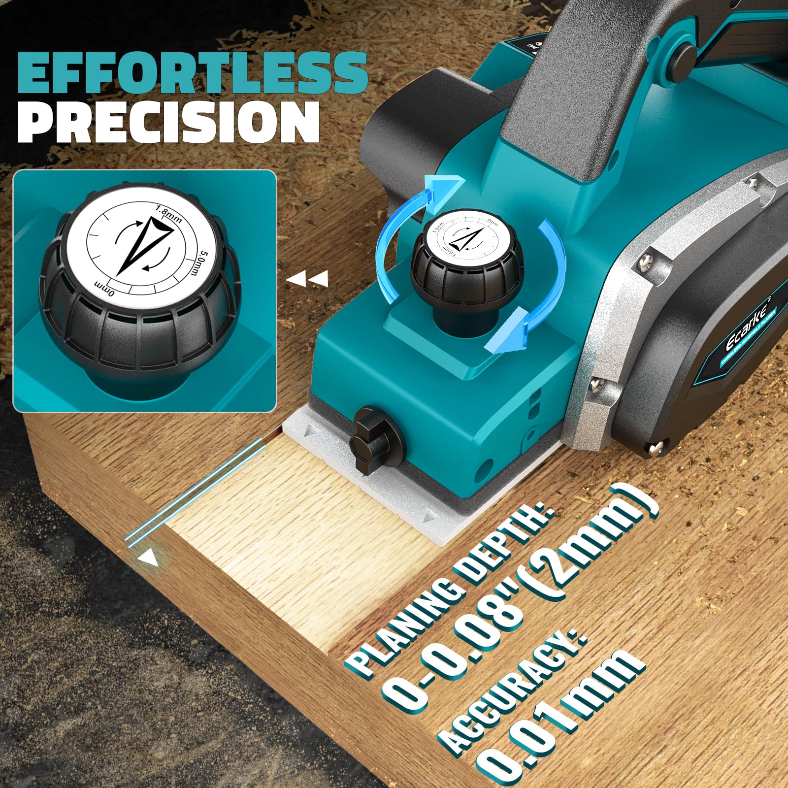 Ecarke Rabot électrique Sans Fil 750W Compatible avec Batteries Makita 18V, Moteur Brushless, 15000 tr/min, Largeur 82mm, Profondeur 0–2mm, pour Bois, Meubles & Bricolage(Outils Uniquement)