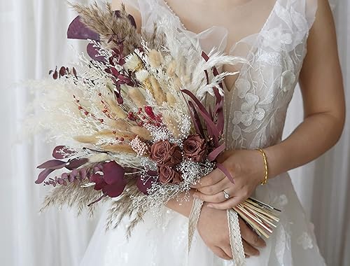 Miniatura 7 de Ramo de boda de hierba de pampa blanca y roja borgoña, ramo de novia secaboda de flores secas, novias bohemias rústicas, ramo de dama de honor,