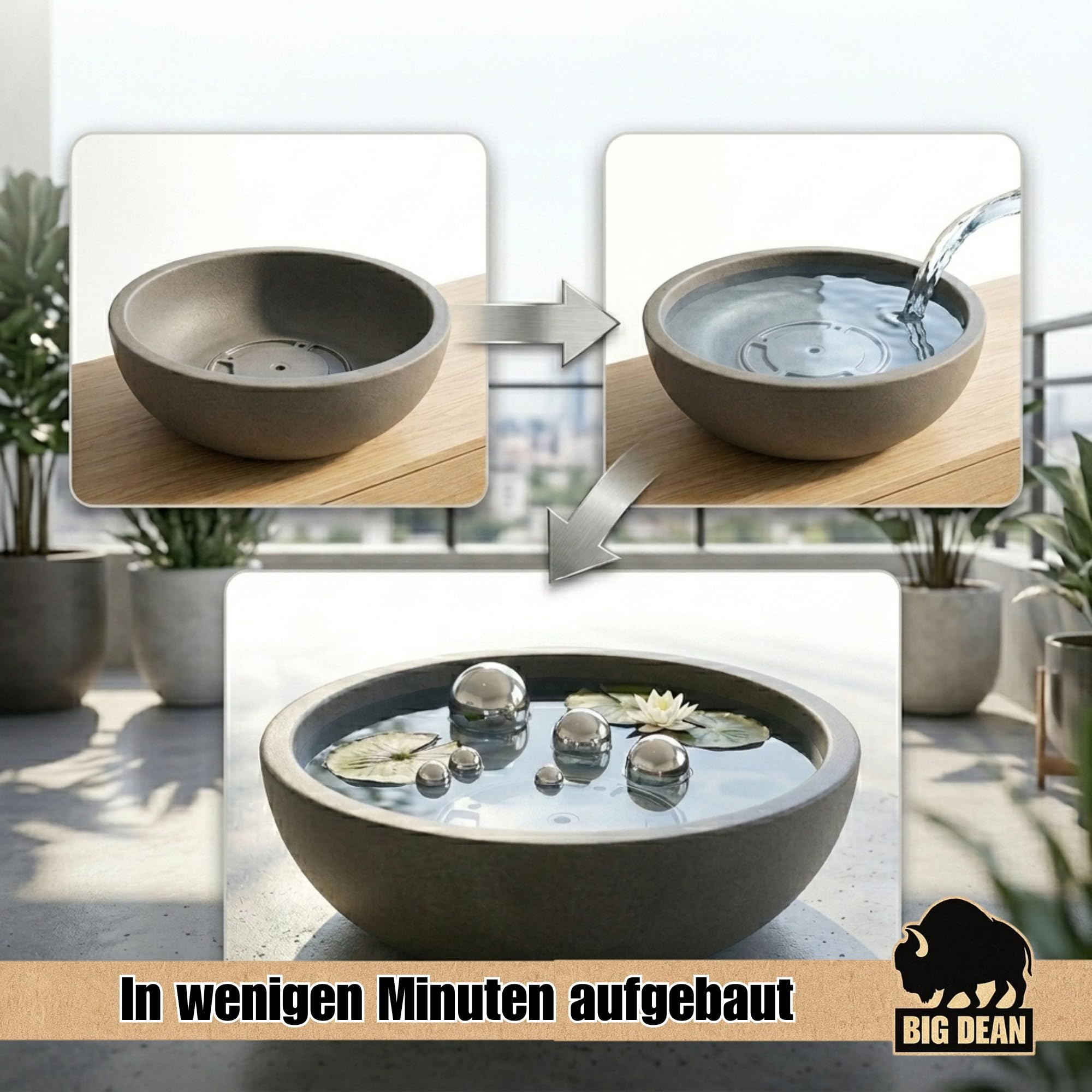 Miniteich Brunnen Set Schale mit Teichkugeln innen und außen Komplettset 39cm Durchmeseser