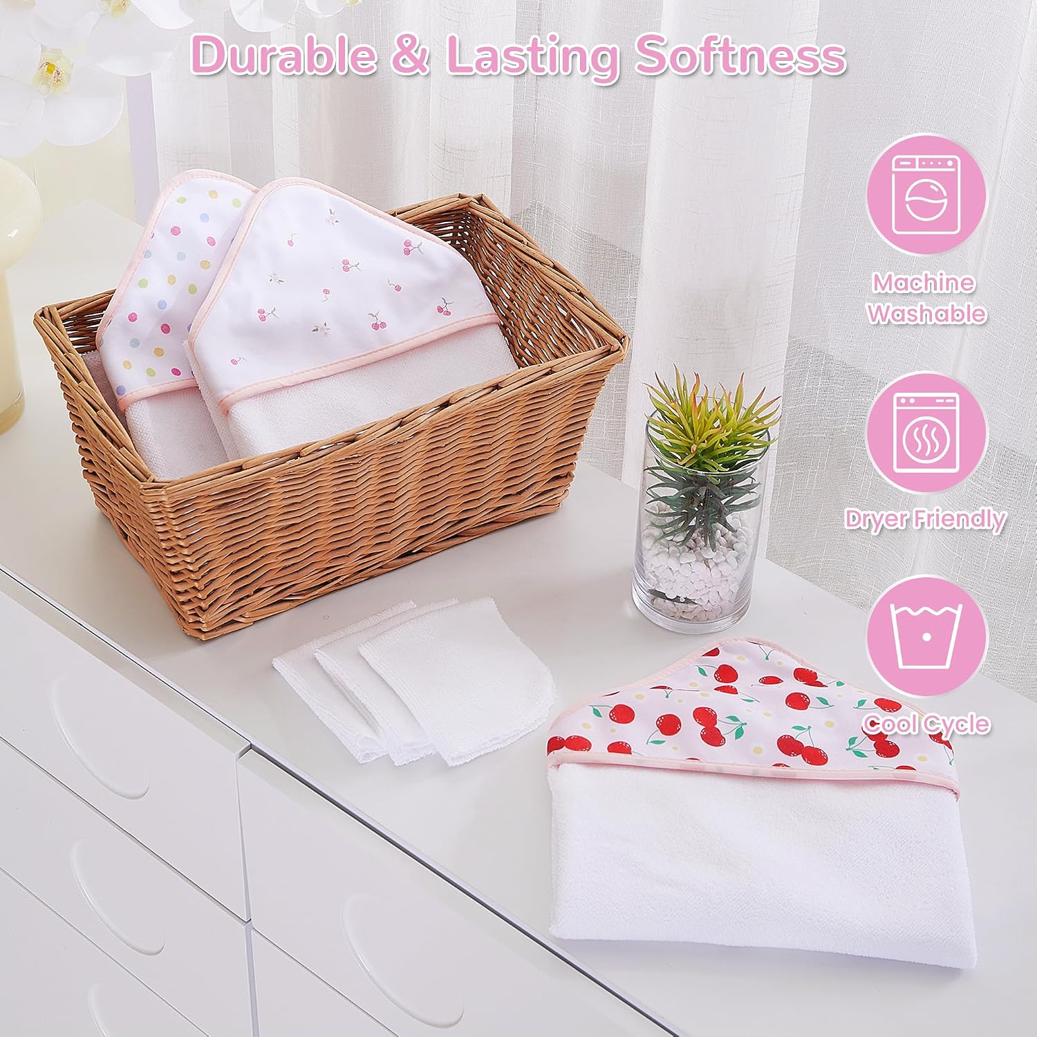 Viviland 6 Pcs Hooded Baby Towels and Washcloths Set, Super Gentle Bath Towels for Newborn Face & Body, Absorbent Wash Cloth for Infants Girls, Pink-Cherry Pattern, 28 x 28 inch