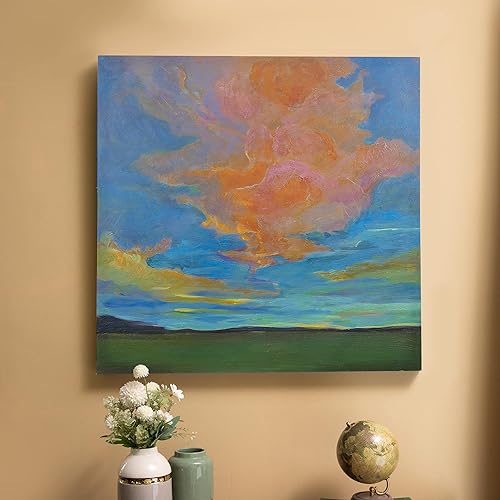 Miniatura 5 de ArtbyHannah Pinturas abstractas grandes de cielo de 32 x 32 pulgadas para sala de estar, con brillo de nube nocturna, impresionismo natural, paisaje