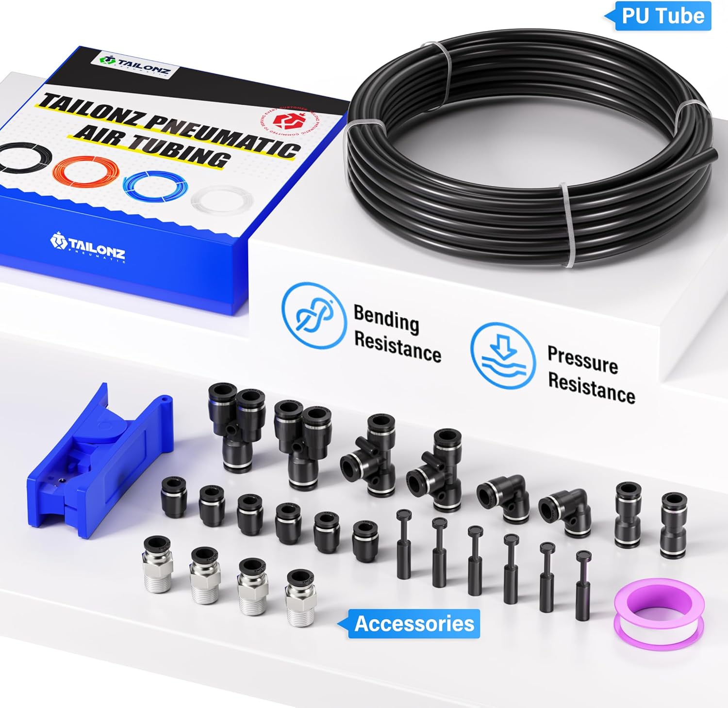 TAILONZ PNEUMATIC Black 1/2 Inch OD 10 Meter 32.8ft PU Polyurethane Air Tubing Kit Pipe Hose Air Line Tubing Air Hose Fittings Push to Connect Fittings(27PCS)