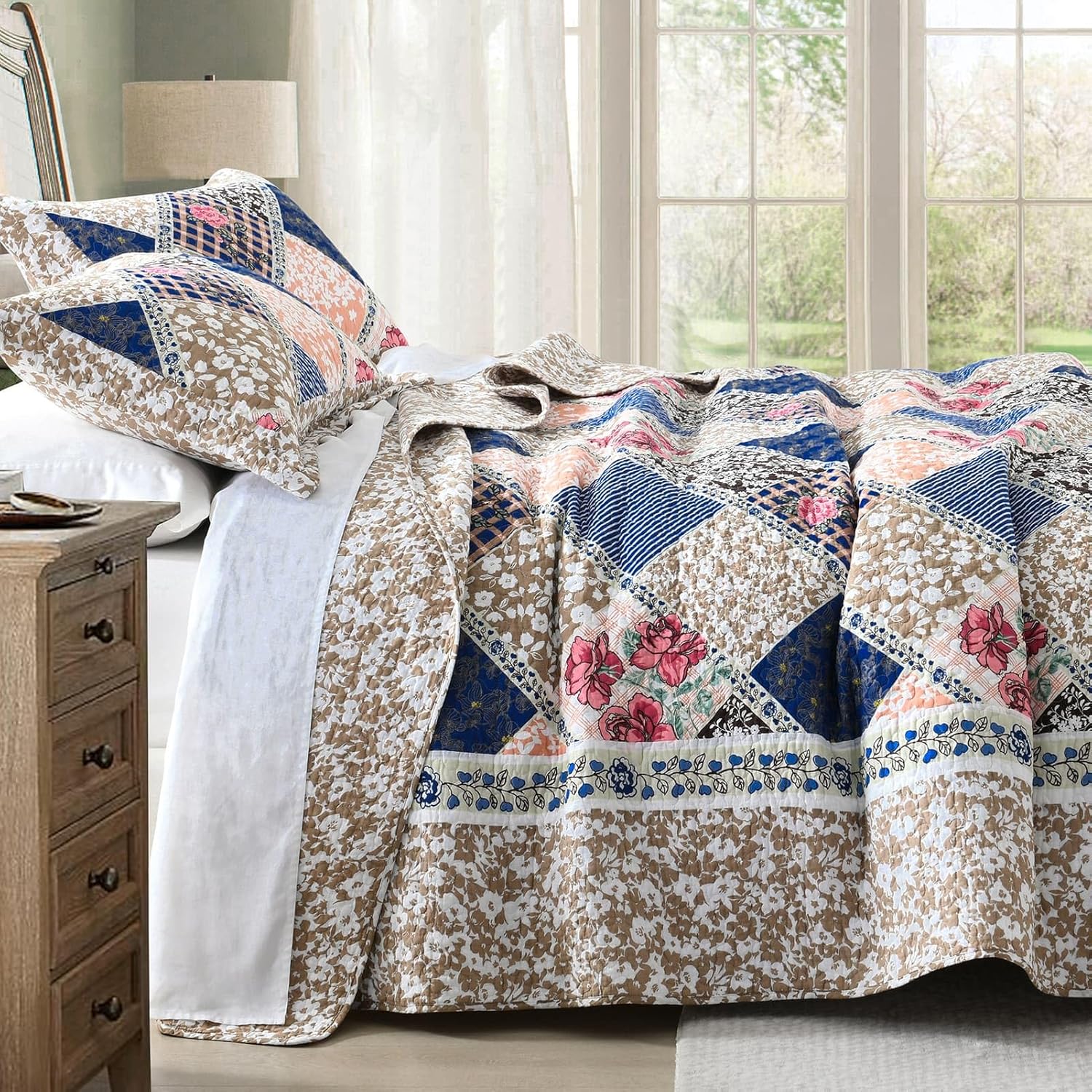 DDUOXIN Farmhouse Floral Queen Quilt Set, 100 Cotton