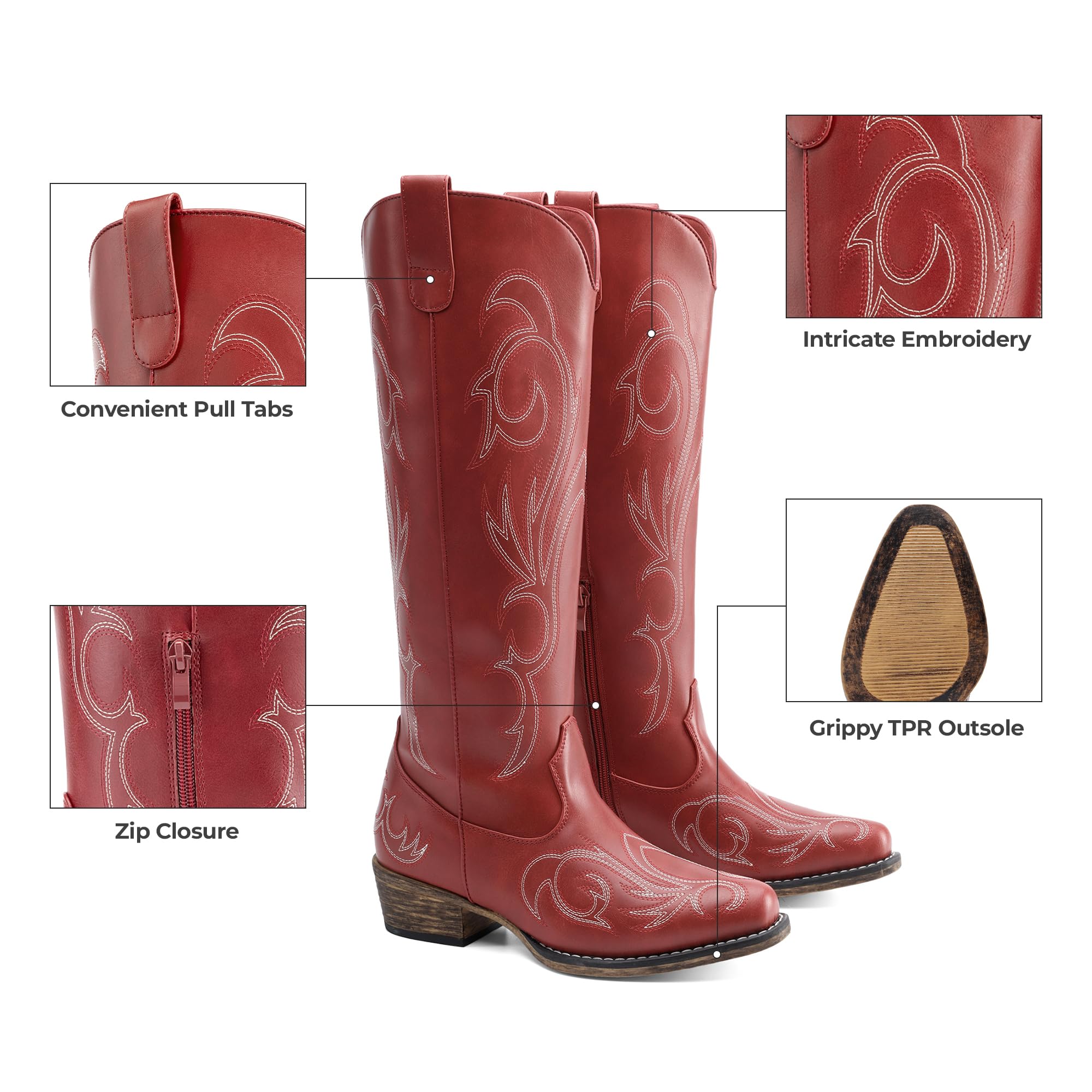 DREAM PAIRS Botas Vaqueras Rodilla Mujer | Bordado vibrante, cremallera lateral, tirador trasero, plantilla 5mm, suela TPR.