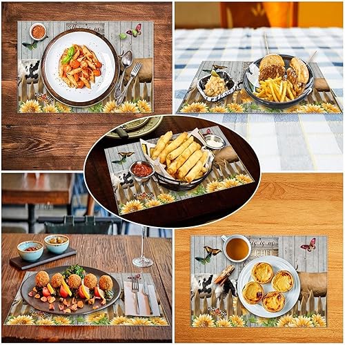 Miniatura 7 de Manteles individuales de verano con girasol de vaca de animales de granja con cita familiar This is Our Life, resistentes al calor, antideslizante,