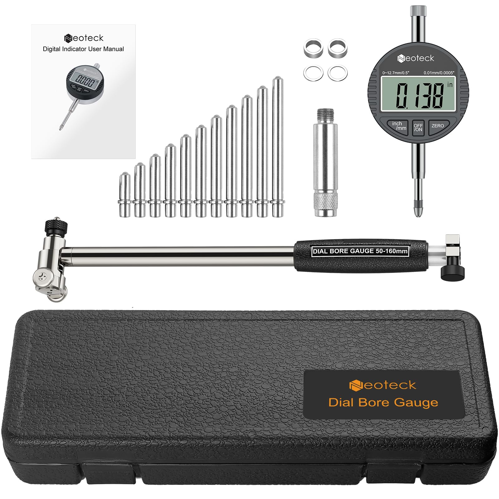 Neoteck Cyfrowy rozwiertak 50-160 mm z tarczą, precyzyjnymi otworami 0,01 mm, zestaw 12 głowic + drążek do warsztatu mechanicznego, do konserwacji samochodów, obróbki metalu, srebrny + czarny