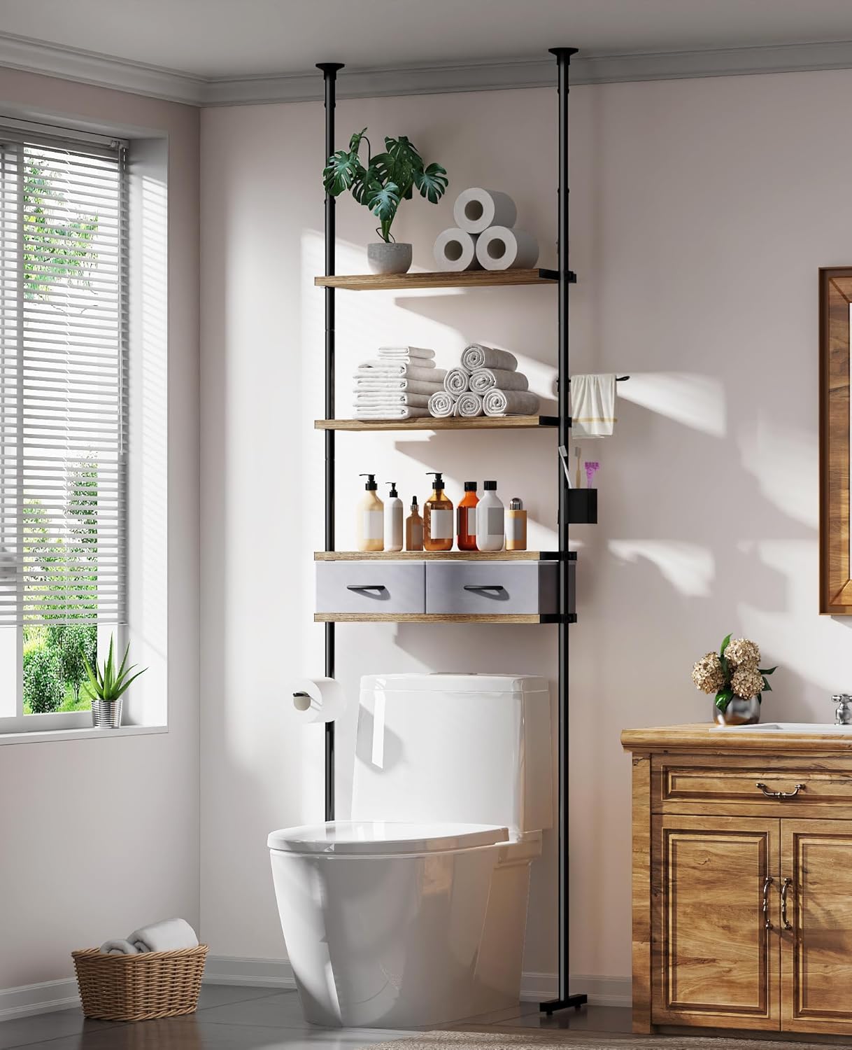 YIGII Over The Toilet Storage, 4-Tier Adjustable Bathroom Shelves Over Toilet with 2 Drawers, Above Toilet Storage Cabinet Bathroom Organizer Wooden Shelf, 25-114.2 Inch Heights