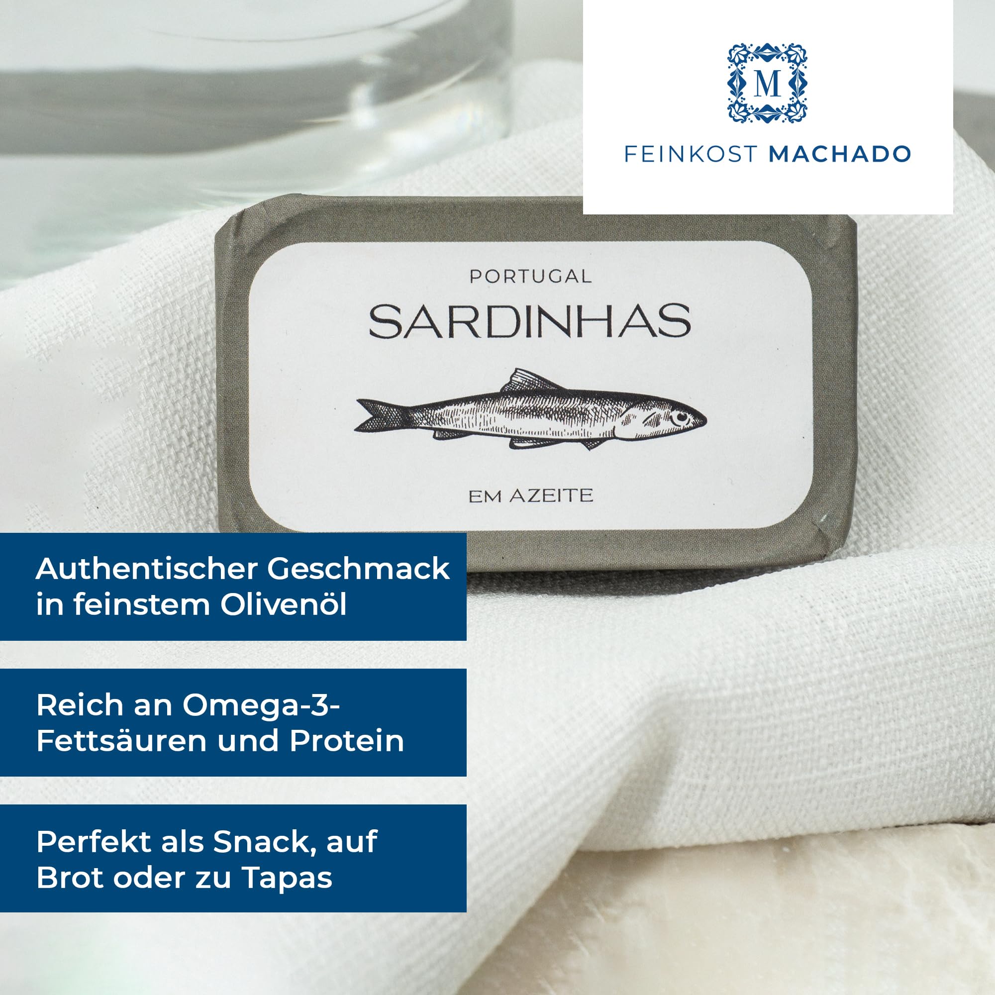 Feinkost Machado — Set of 4 Sardines in Olive Oil (160g each) | Classic, with Lemon, Garlic & Paprika | Mediterranean Delight from Portugal — Tender, Spicy & Aromatic | Perfect for Salads & Snacks