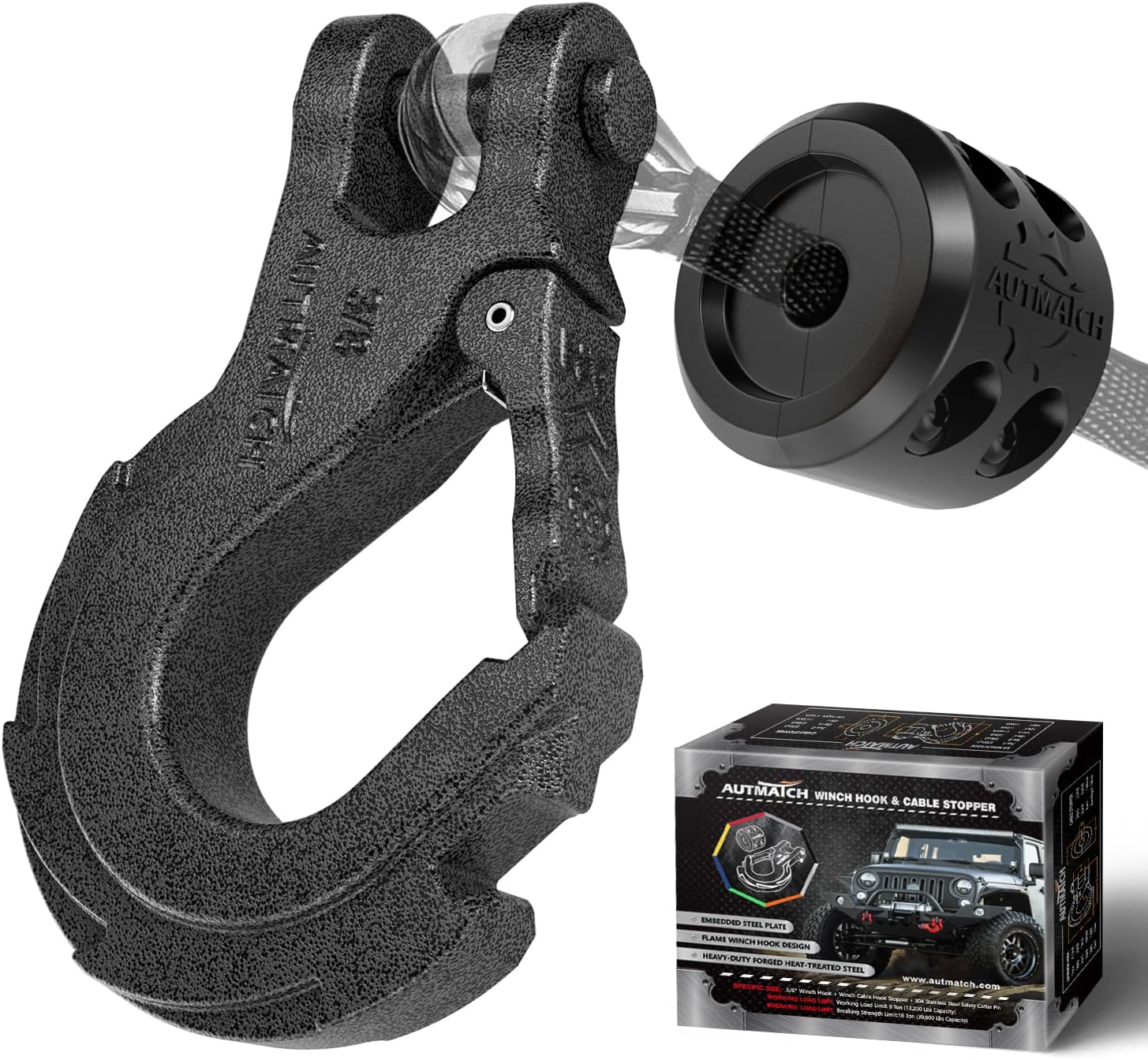 AUTMATCH Winch Hook 3/8" - Clevis Slip Hook with Safety Latch & Winch Cable Hook Stopper, Grade 70 Forged Steel Max 39,600Lbs Work for Winch Rope, ATV, UTV, Off Road Vehicle, Grainstone