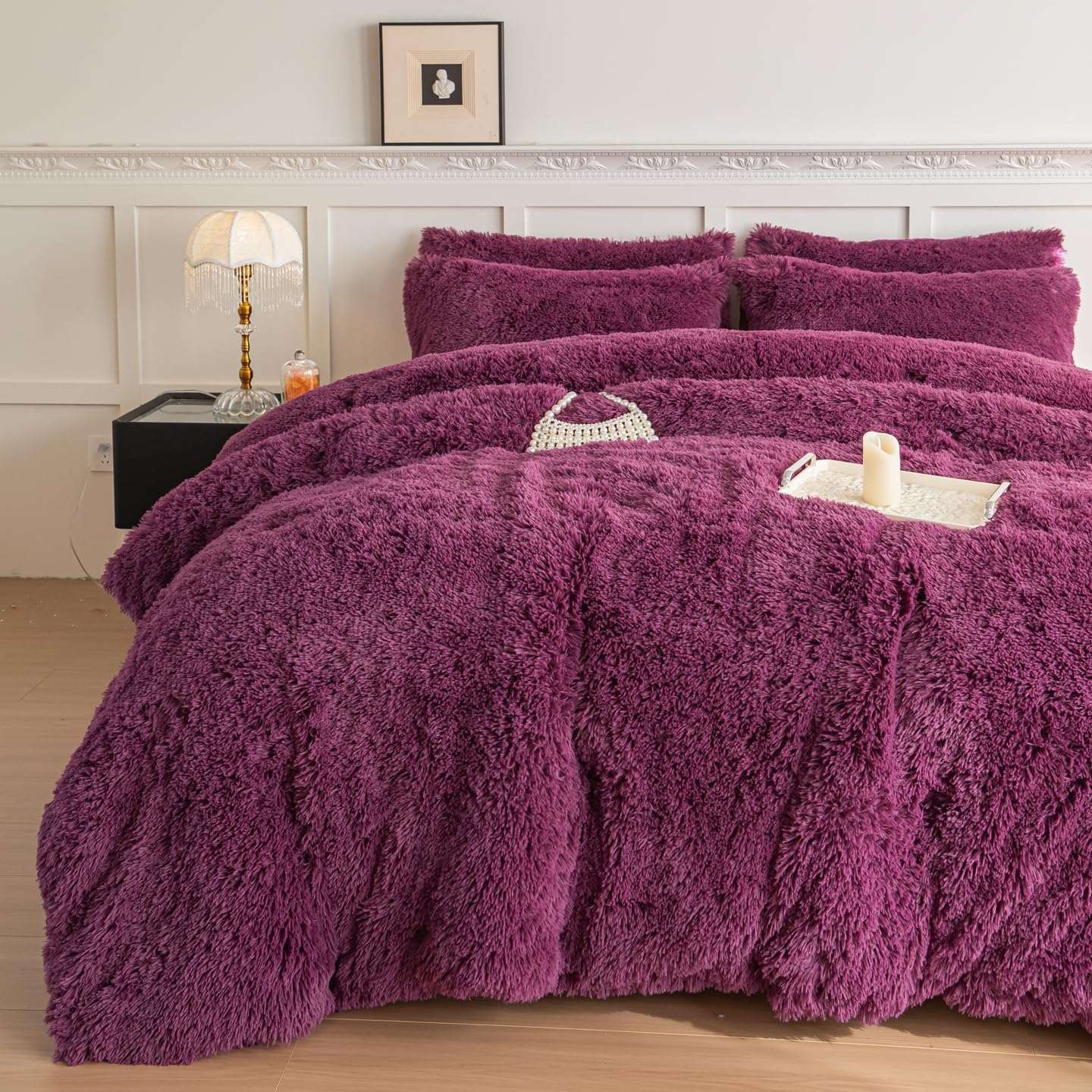 Kids Girls Faux Fur Grape Purple Comforter Sets Twin/Full - 3PC Bed Set Skin Friendly Soft Warm Comfortable Classical Rabbit Plush Velvet Flannel Fluffy Fuzzy Bedding（Comforter x 1 Pillowcases x 2）