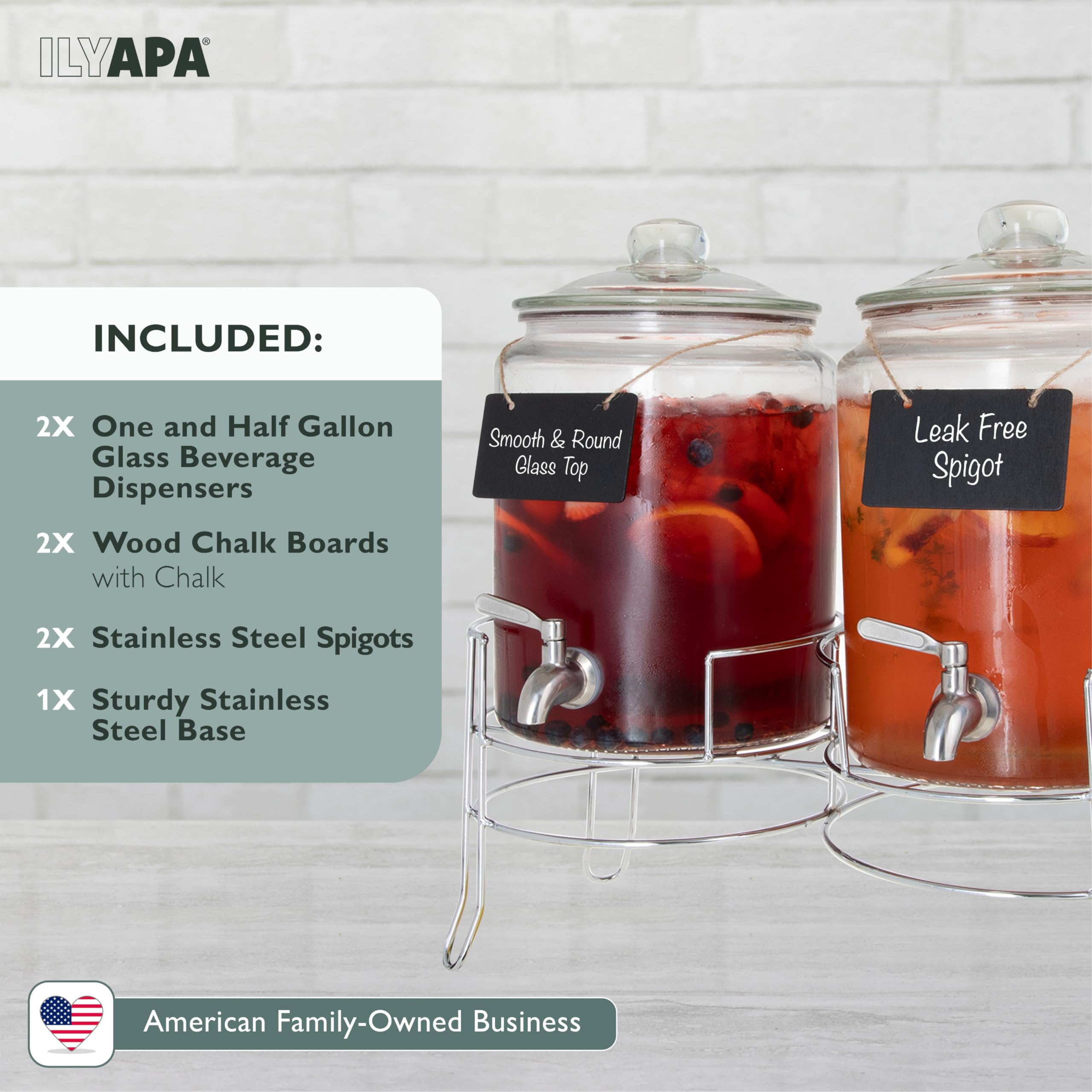 Ilyapa Dispenser per bevande da 1,5 litri con coperchio, confezione da 2 dispenser per bevande e barattolo da farmacia con lavagna, beccucci in acciaio inox, ottimo stile per eventi, feste in