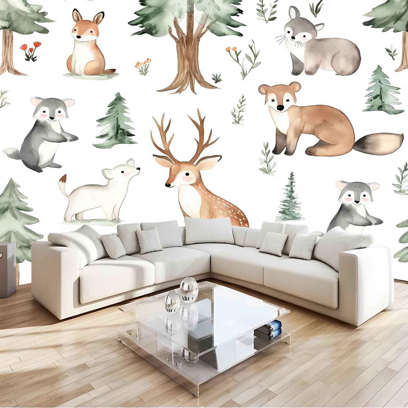 Tapeta Hiperrealizm 200 x 140 cm Kreskówka Zwierzęta Las Fototapeta 3D, Fototapety Ściany Włóknina Fototapety Fotograficzne-Nowoczesna Dekoracja Ścienna, Biały