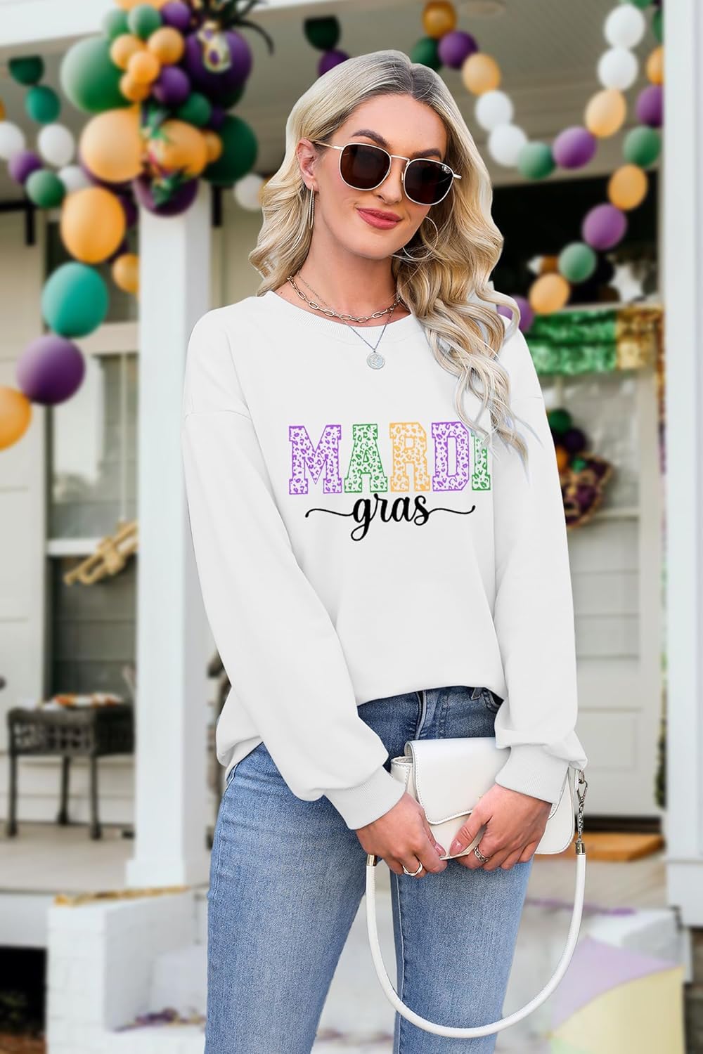 Mardi Gras Sweatshirts for Women Mardi Graphic Long Sleeve Shirts Fat Tuesday Tshirt Carnival Pullover Casual Top - Image 3