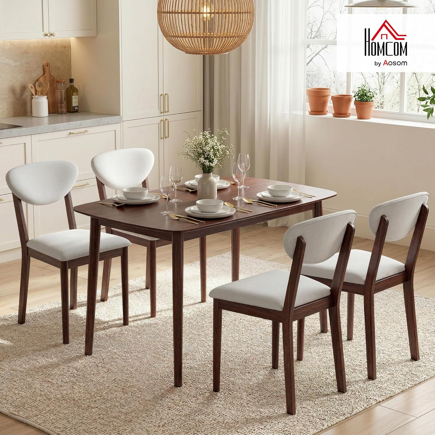 HOMCOM 5-Piece Dining Table Set for 4, Mid-Century Modern Kitchen Table and Chairs with Padded Seats and Backrests, Solid Wood Frame for Small Space, Dining Room, Living Room, Cream White