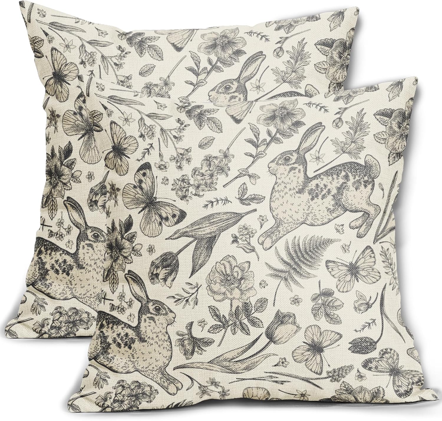Spring Easter Grey Gray Pillow Covers 24x24 Inch Set of 2 Rabbit Bunny Floral Leaf Butterfly Botanical Plants Print Decorative Throw Pillows Seasonal Pillow Cases Couch Bed Sofa Decor