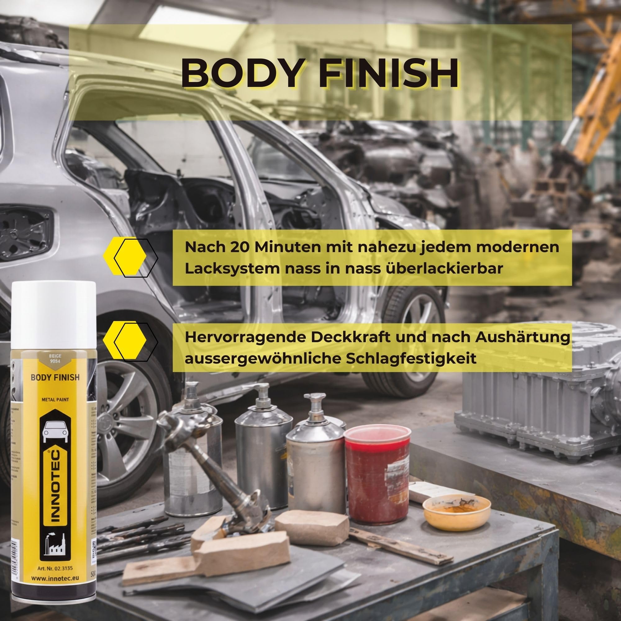 2 Stück INNOTEC Body Finish 500 ml Beige – 1K-Acryl-Premium Grundierlack für das Lackieren von reparierten oder ersetzten Blechteilen an PKW, LKW & Maschinen – korrosionsschützender Reparaturlack