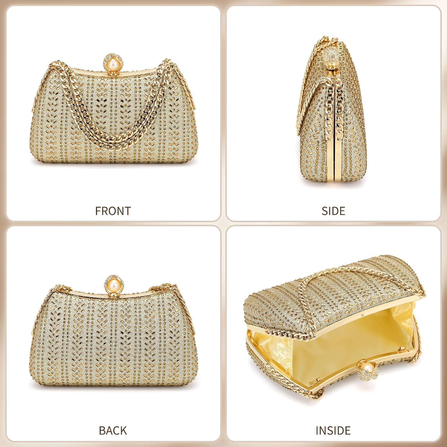 Rhinestone Glitter Clutch Purse for Women, Sequin Evening Bag with Pearl, Sparkly Wedding Handbag for Bride Party Formal, Gold