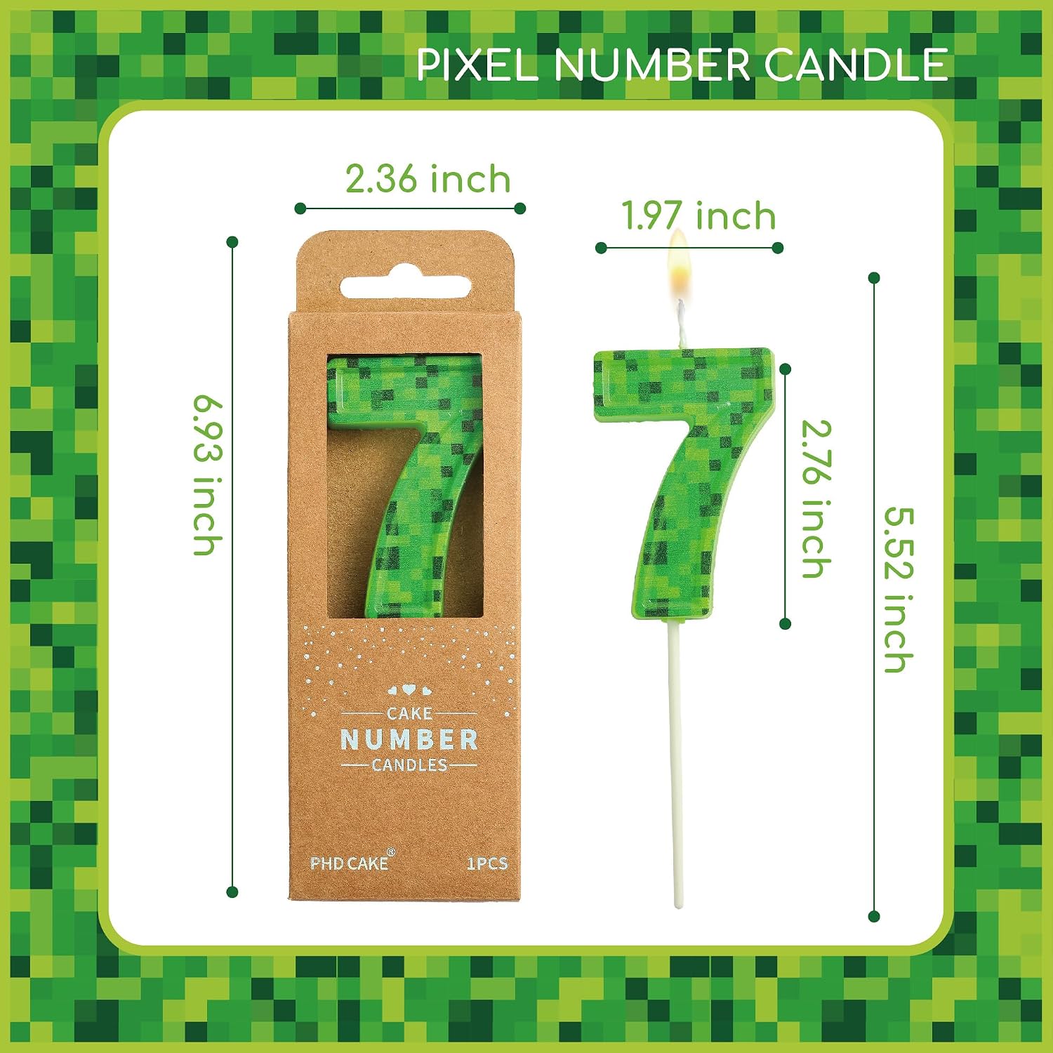PHD CAKE 2.76 Inch Number 7 Pixel Birthday Candles, Green Miner Number Candles, Cake Number Candles, Party Celebration, Style Candle